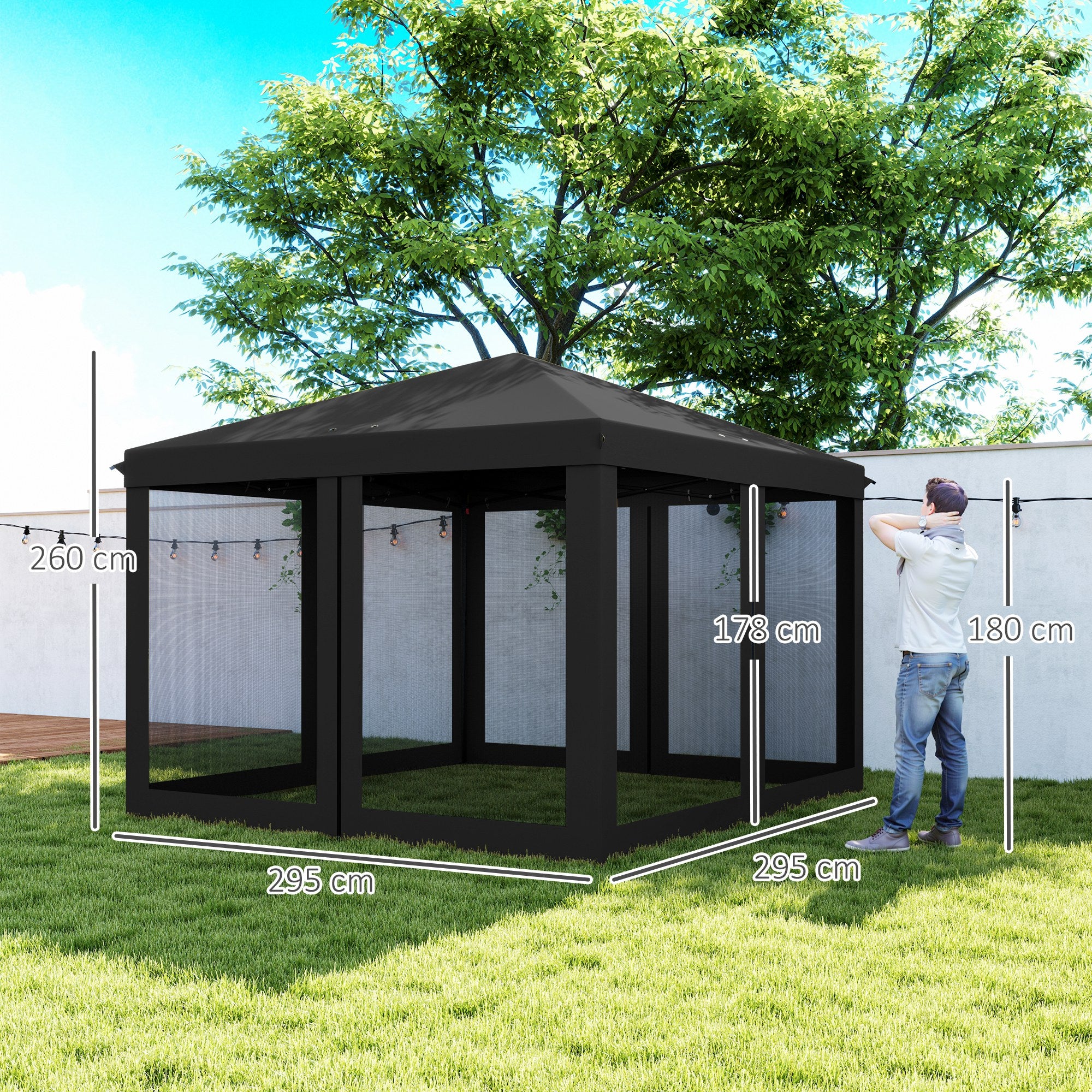 Outsunny 3 x 3 m Pop Up Gazebo, 420D Garden Tent Canopy with Removable Mesh Sidewall Netting, Carry Bag for Garden Patio Outdoor, Black - North Peak Garden Furniture