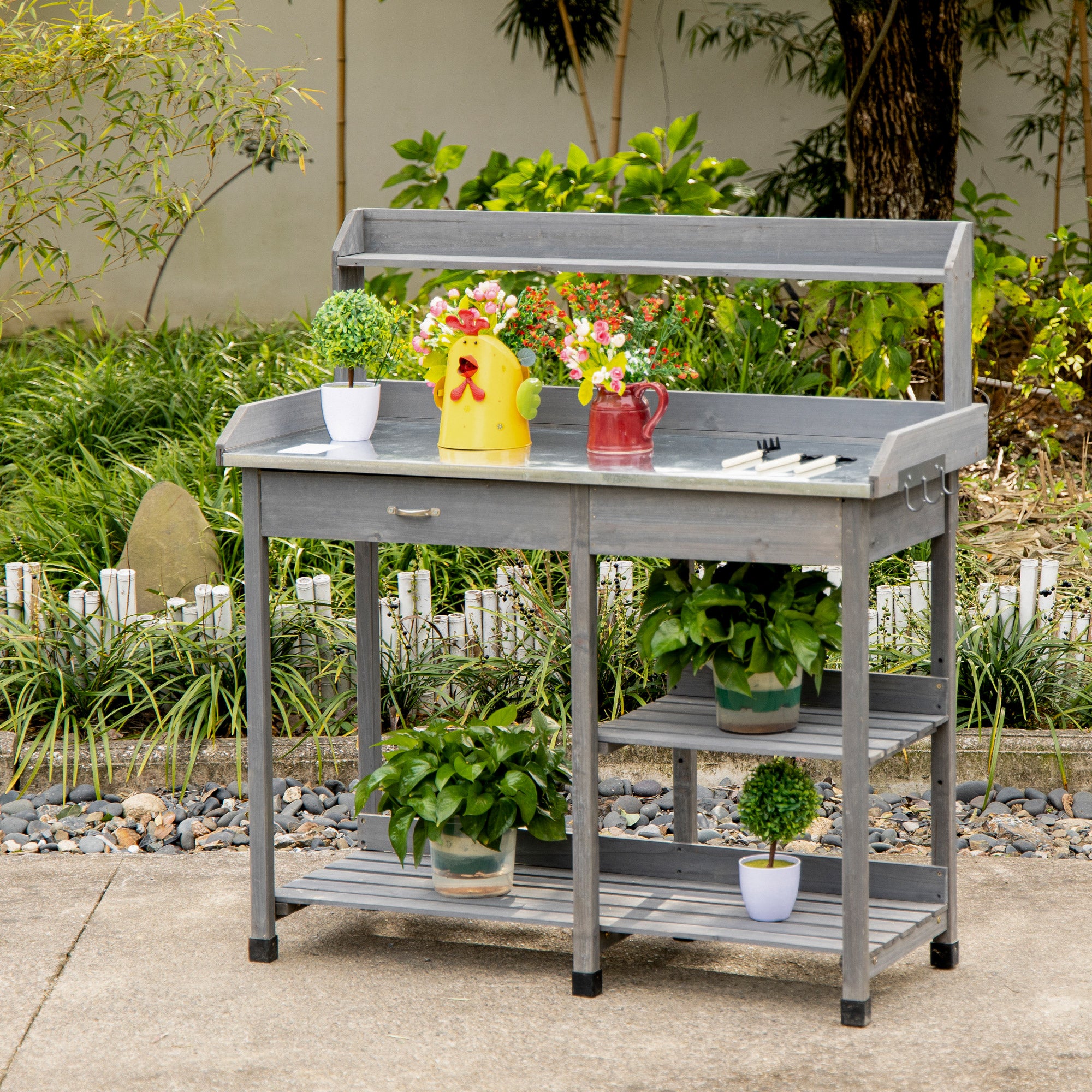 Outsunny Garden Potting Table, Wooden Workstation Bench w/ Galvanized Metal Tabletop, Drawer, Storage Shelves and Hooks for Patios, Courtyards, Balcony - North Peak Garden Furniture