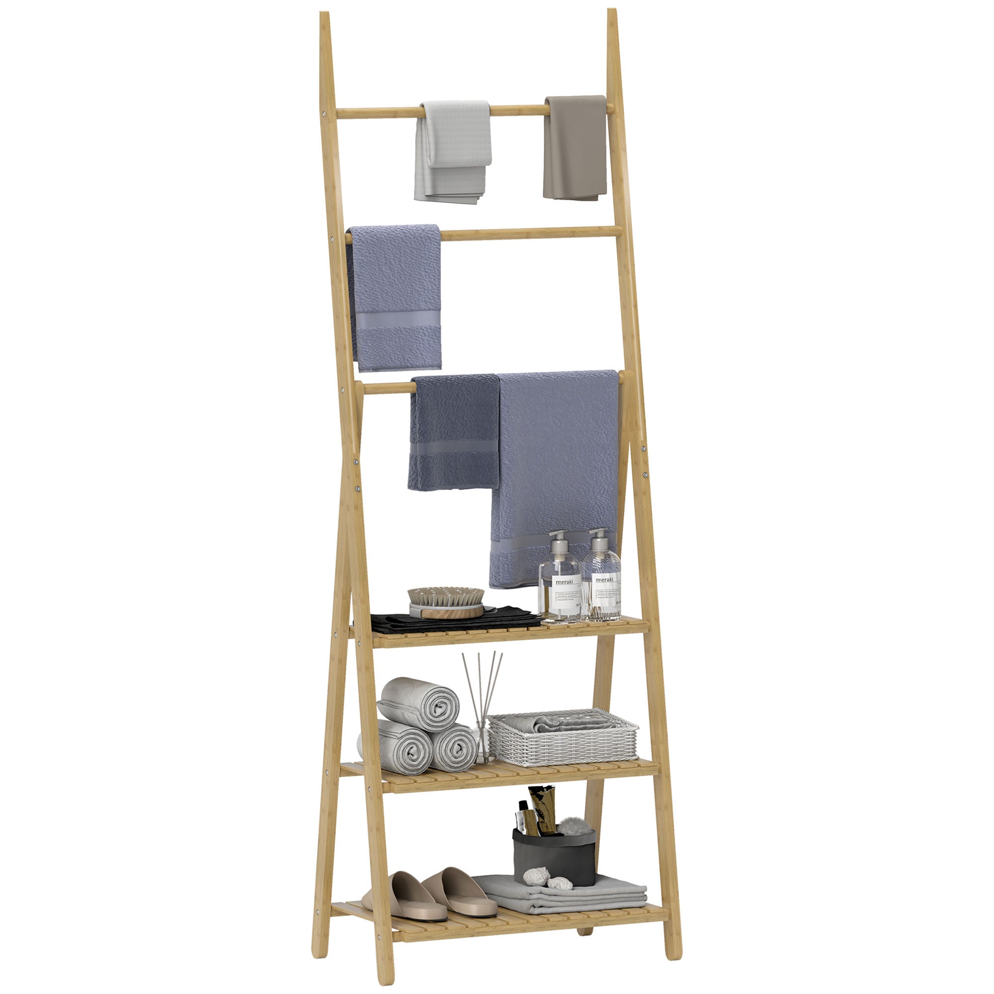 HOMCOM Three-Shelf Bamboo Storage Unit, with Towel Racks - Natural Finish - North Peak Garden Furniture