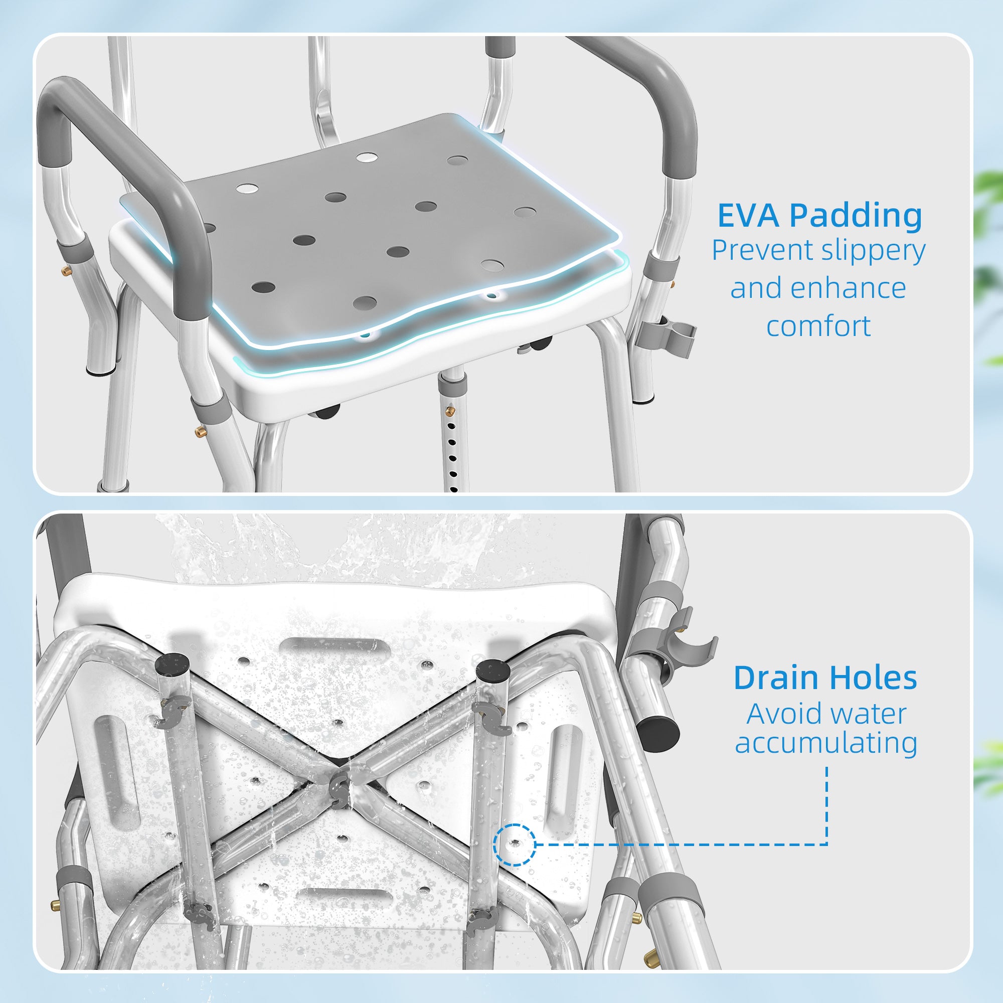 HOMCOM EVA Padded Shower Chair for the Elderly and Disabled, Height Adjustable Shower Stool with Back and Arms, 4 Suction Foot Pads, Light Grey
