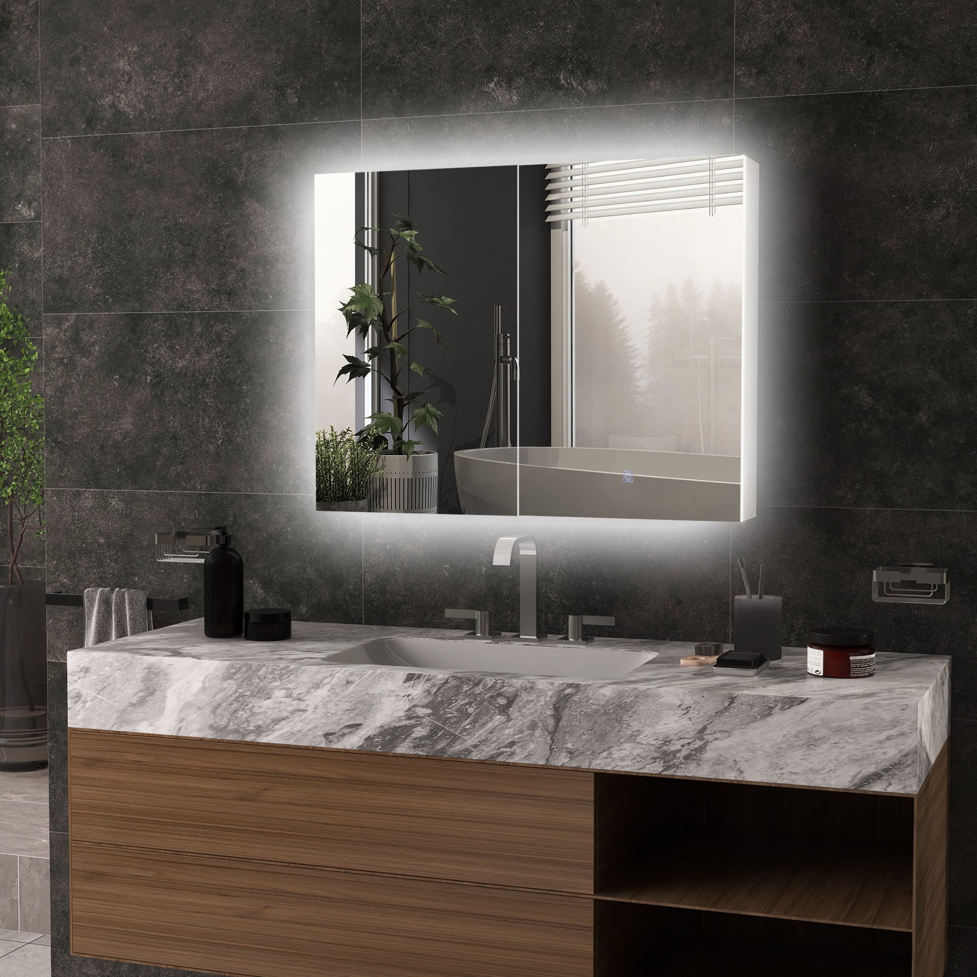kleankin Bathroom Mirror Cabinet with Light, Bathroom Storage Cupboard with Adjustable Shelf, USB Powered, 90x15x70cm, White - North Peak Garden Furniture