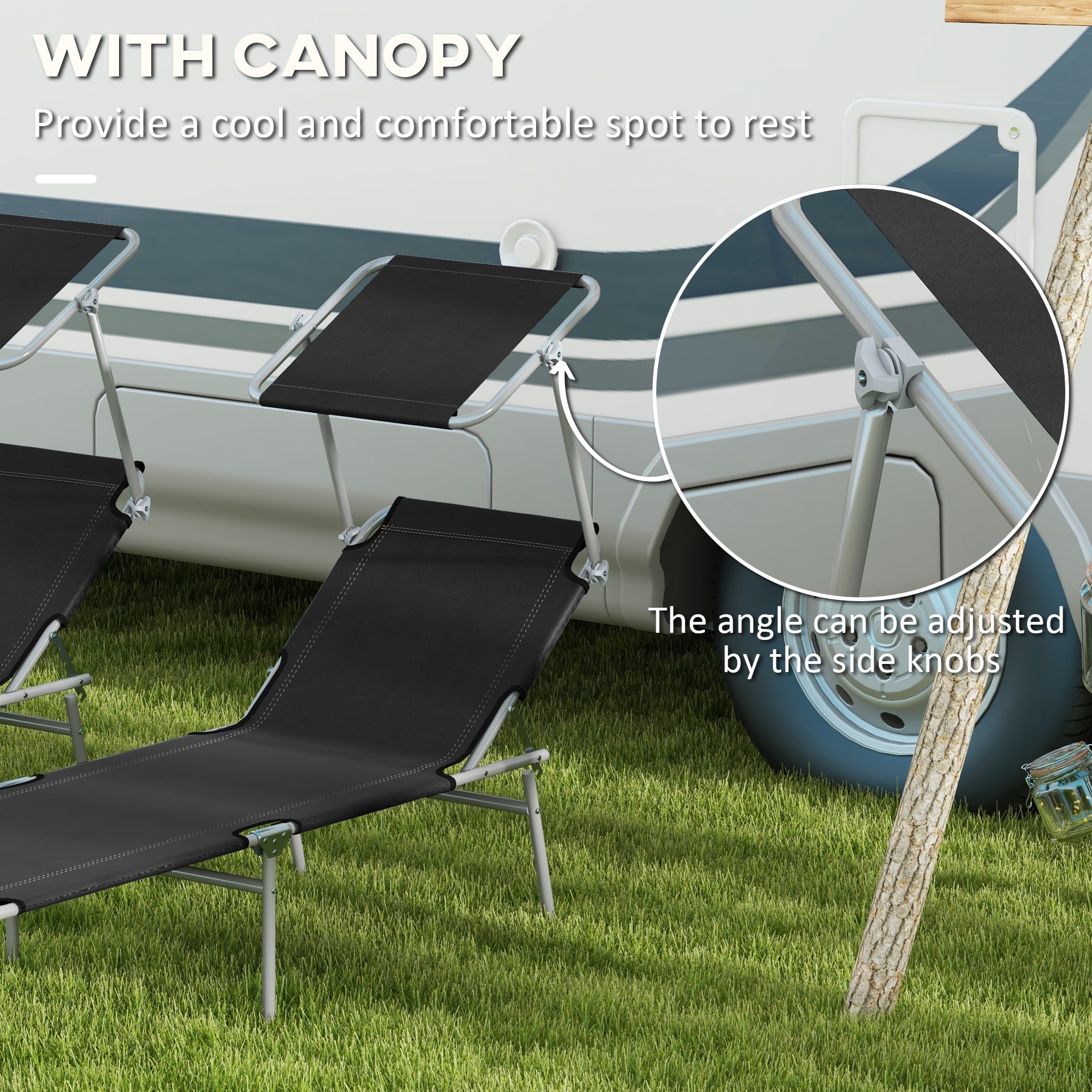 Outsunny Foldable Sun Lounger Set of 2 with Sun Shade & Adjustable Backrest - Black