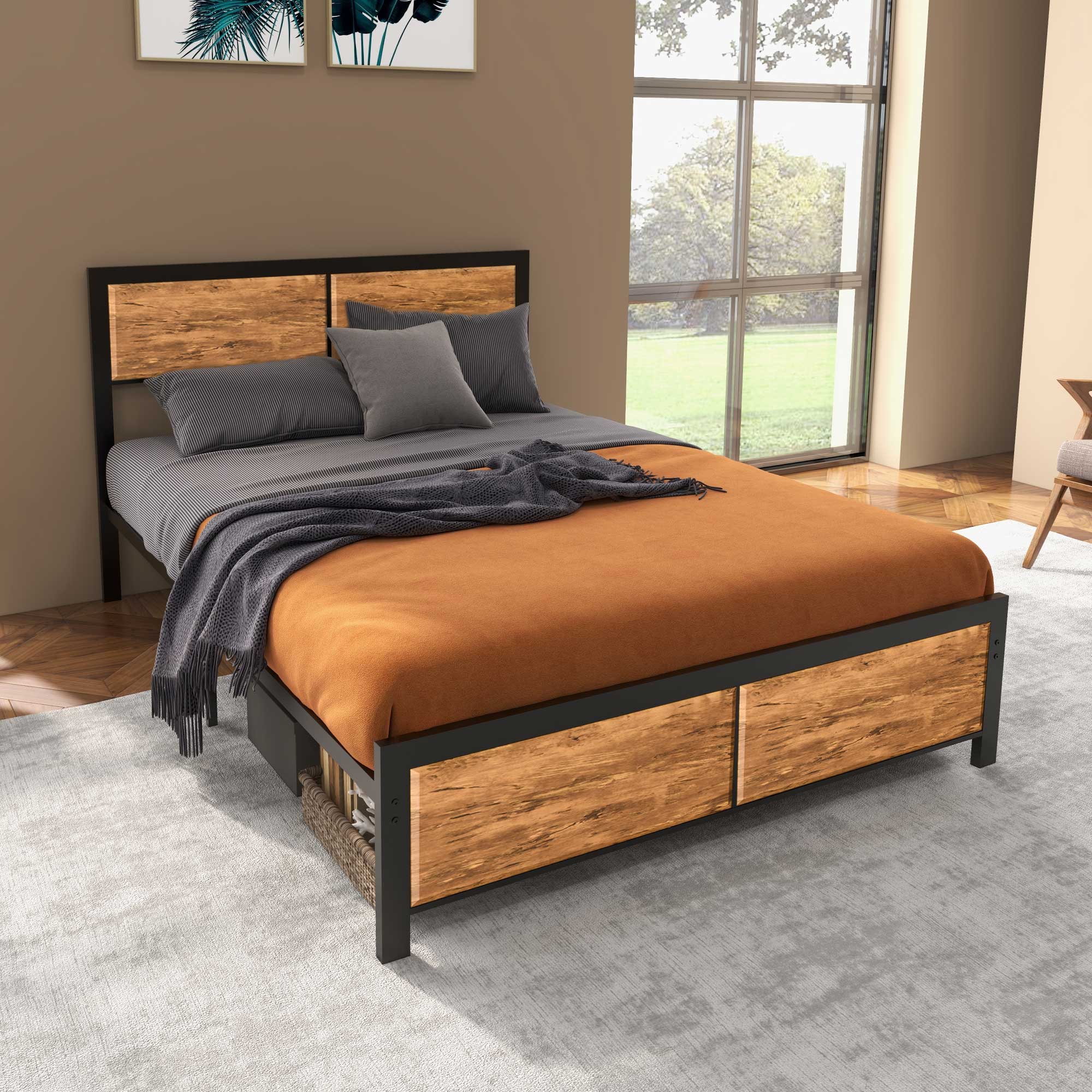 HOMCOM Industrial Double Bed Frame, 5FT Steel Bed Base with Headboard, Footboard, Slatted Support and Under Bed Storage, 147 x 197cm, Rustic Brown - North Peak Garden Furniture