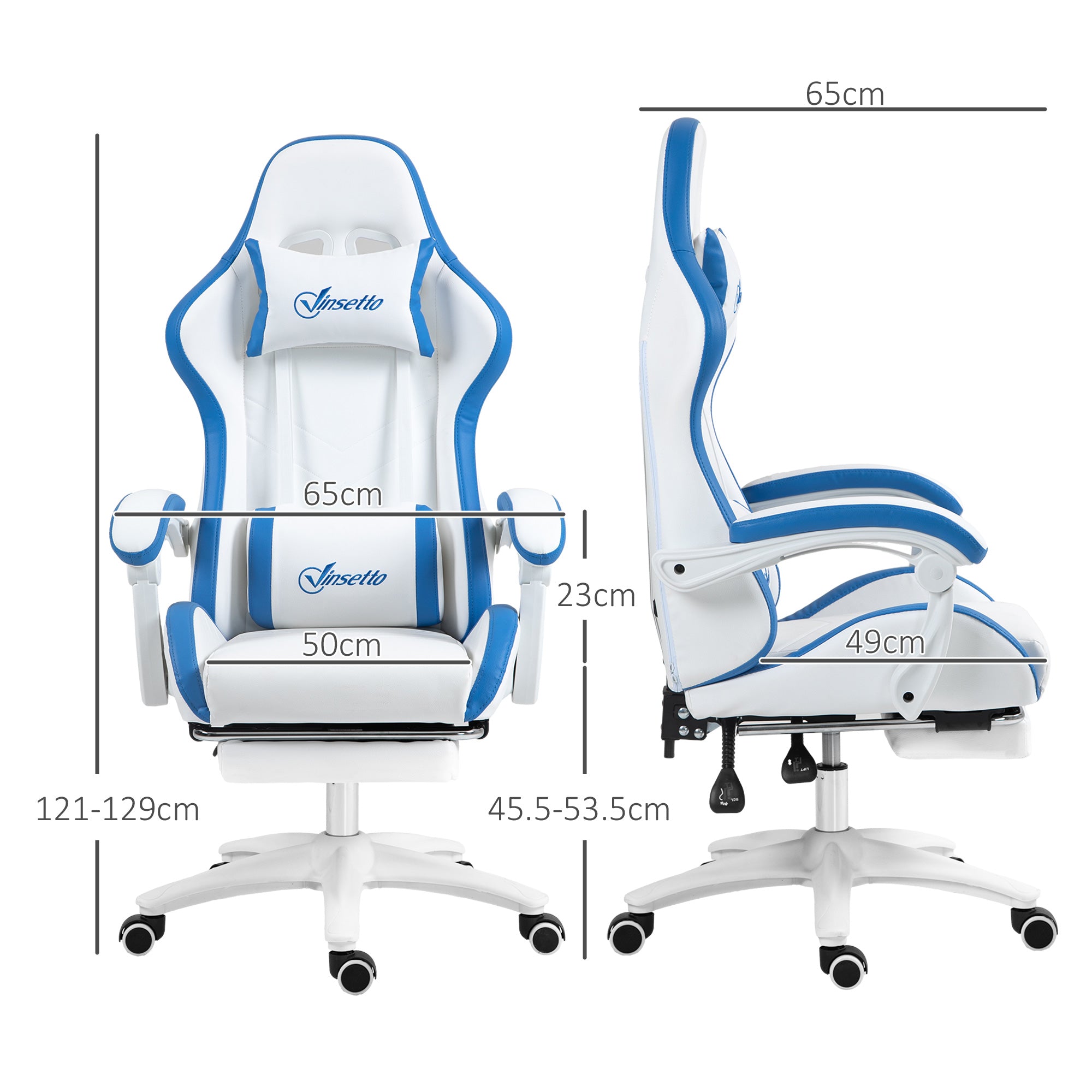 Vinsetto Computer Gaming Chair, PU Leather Desk Chair with Footrest, Swivel Task Chair with 135° Reclining Back and Lumbar Support, PC Chair for Adults, White and Blue - North Peak Garden Furniture