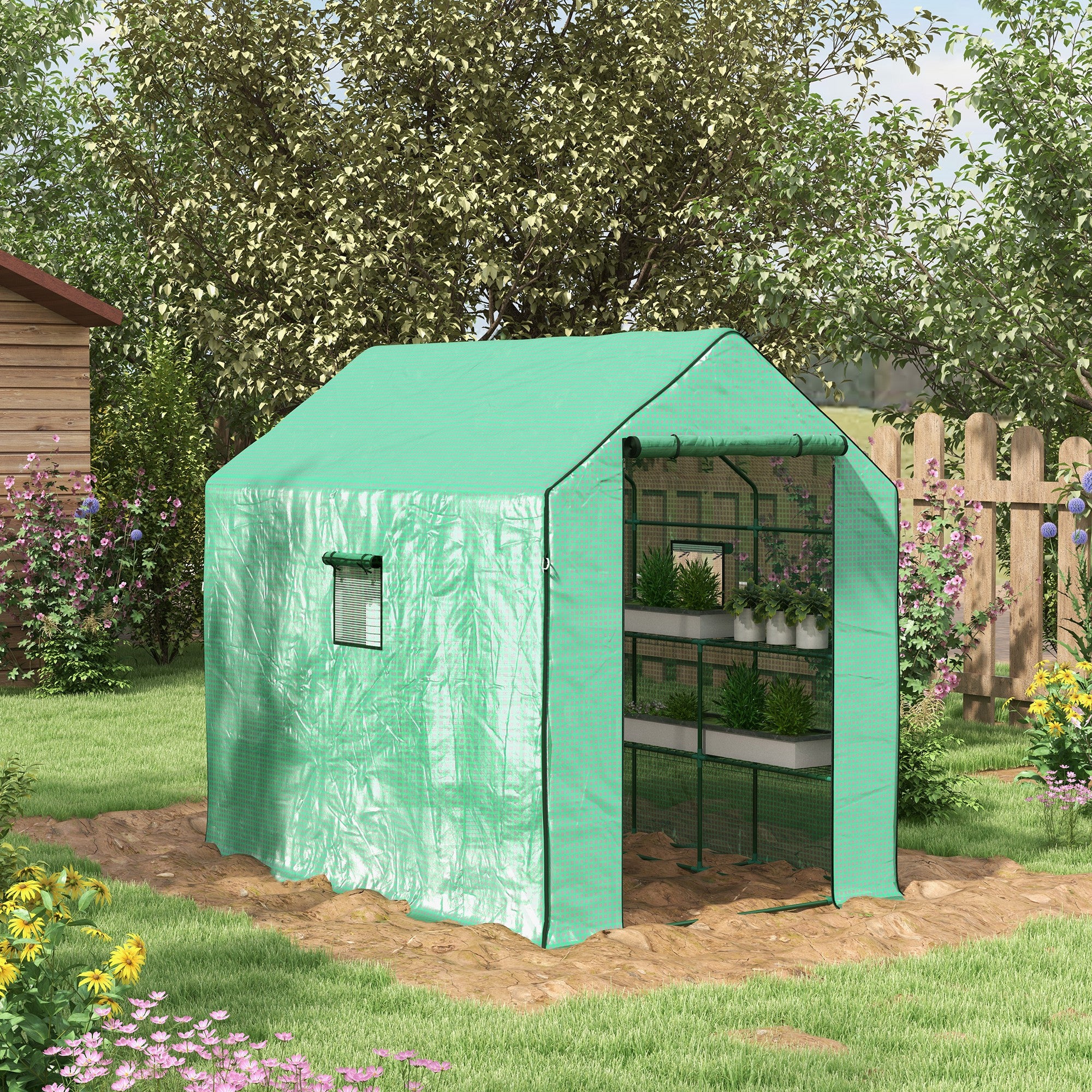 Outsunny Greenhouse Oasis: Walk-In PE Cover with 3 Tier Shelves, Roll-Up Door & Mesh Windows, 140x213x190cm, Verdant Green | Aosom UK