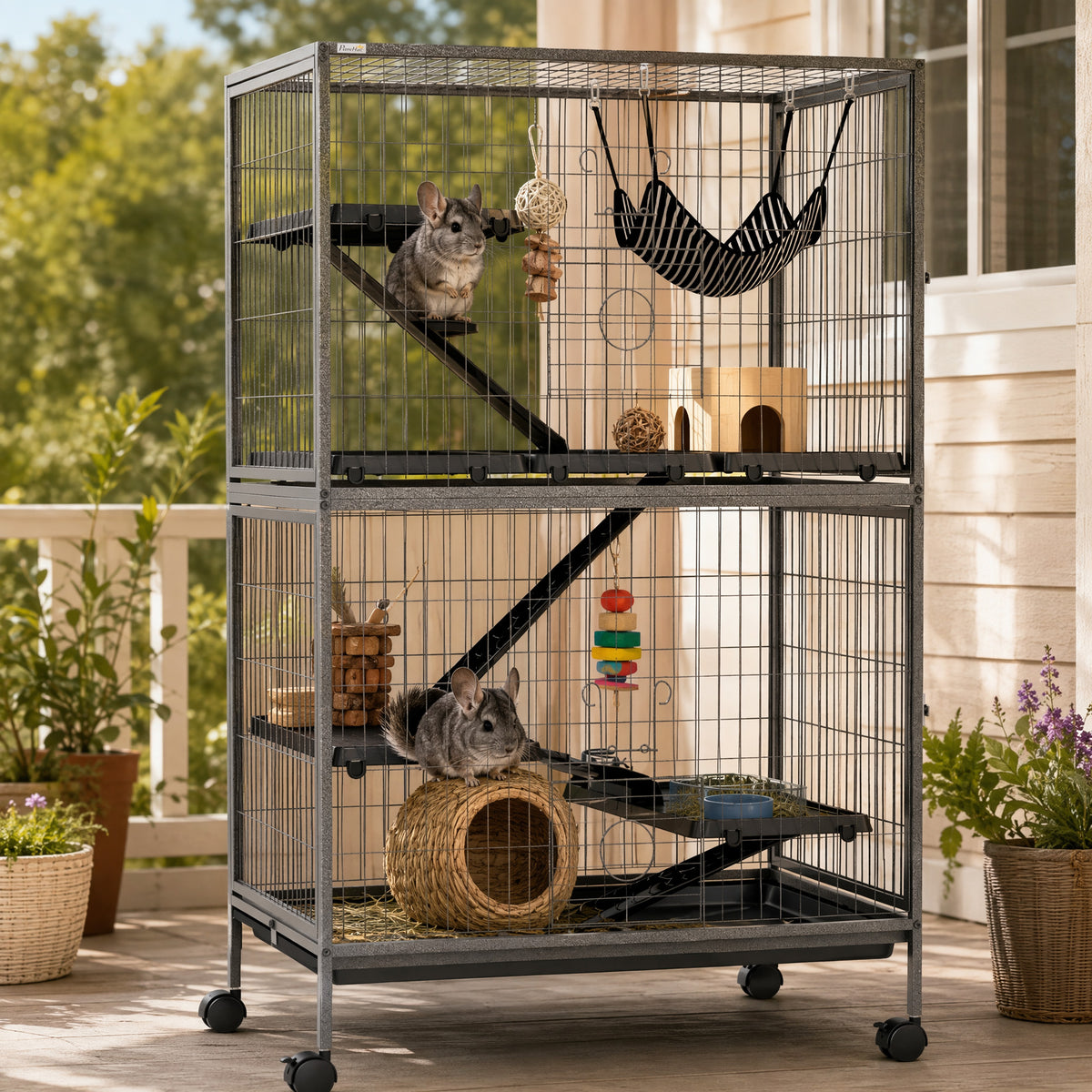 PawHut Small Animal Cage for Chinchilla Ferret Kitten on Wheels with Hammock Removable Tray, Grey