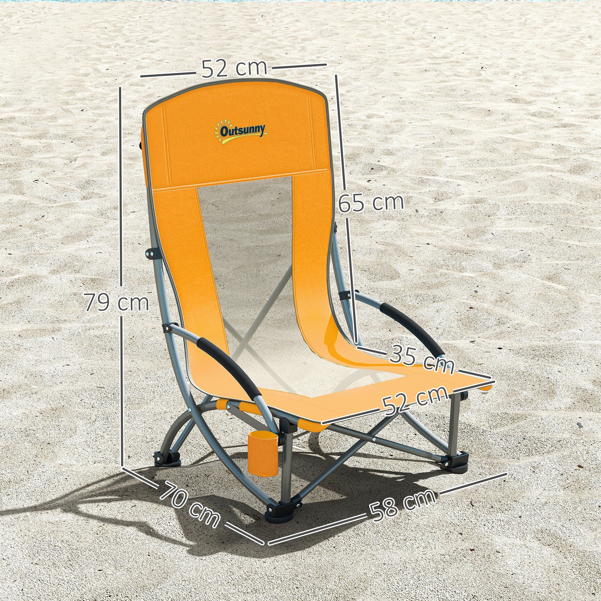 Outsunny Set of 2 Folding Beach Chair, Low Camping Chair with Mesh Back, Carry Bag and Cup Holder for Garden Outdoor Picnic Festival Travel, Orange - North Peak Garden Furniture