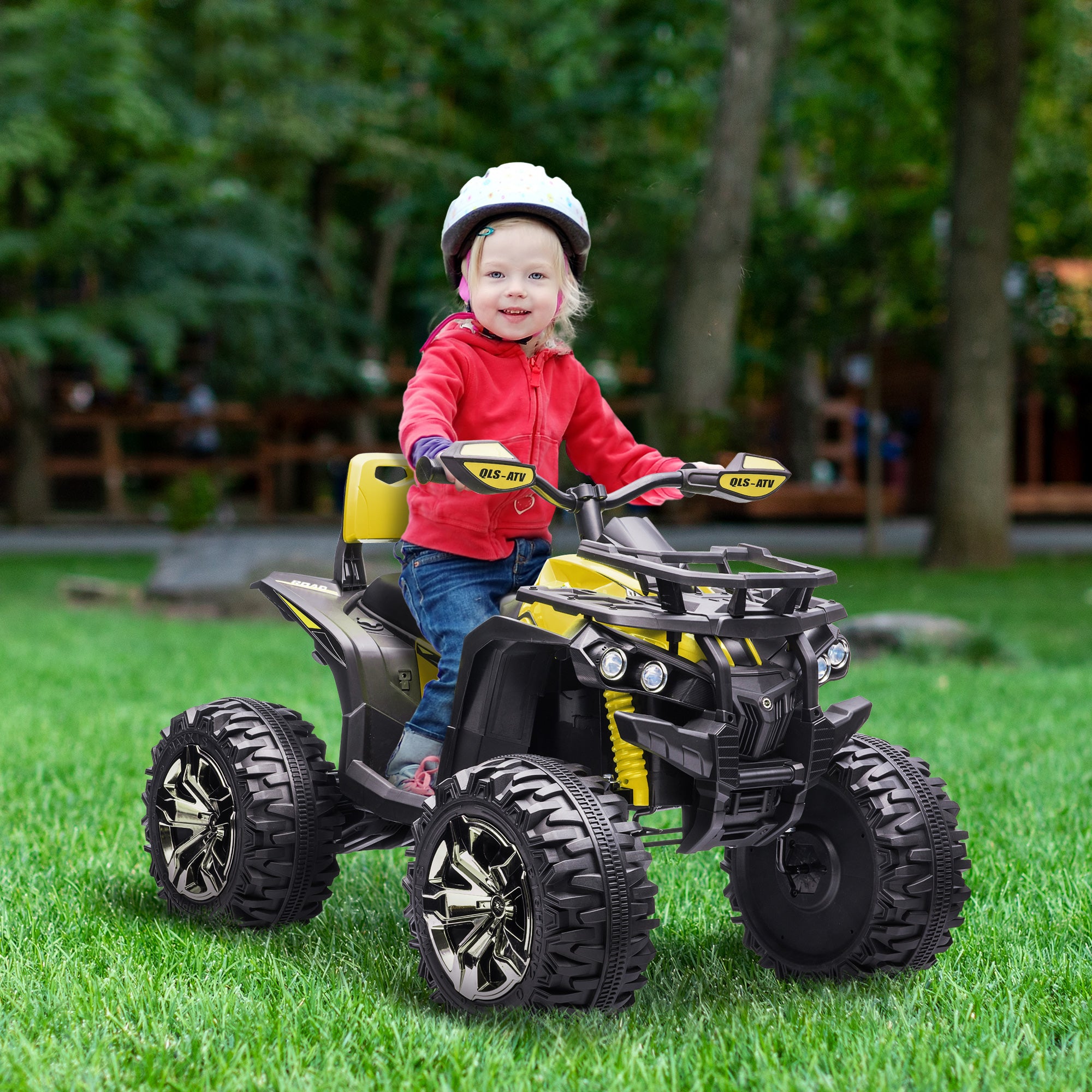 HOMCOM 12V Quad Bike ATV with LED Lights, Music, Backrest, Forward, Backward, Yellow - North Peak Garden Furniture