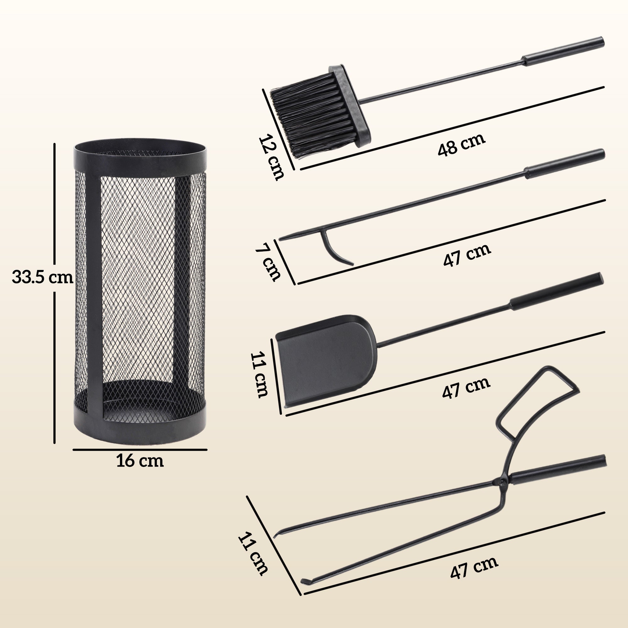 Outsunny 5-Piece Fireplace Tools Set with Mesh Basket, Indoor Outdoor Fireside Accessories for Fireplaces, Fire Pits, Black