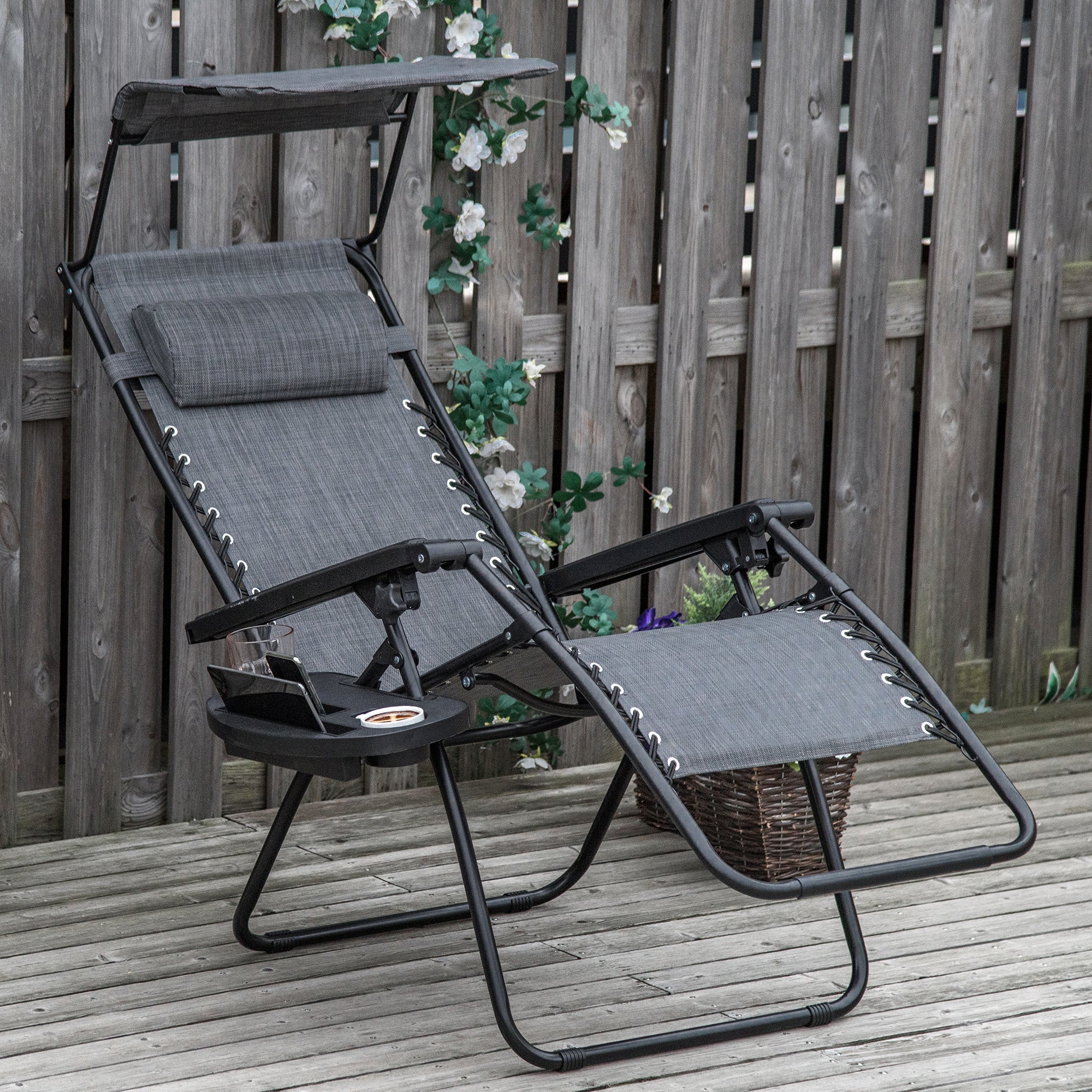 Outsunny Foldable Reclining Garden Chair with Headrest, Zero Gravity Deck Sun Lounger Seat Chair with Footrest, Armrest, Cup Holder & Canopy Shade, Light Grey - North Peak Garden Furniture