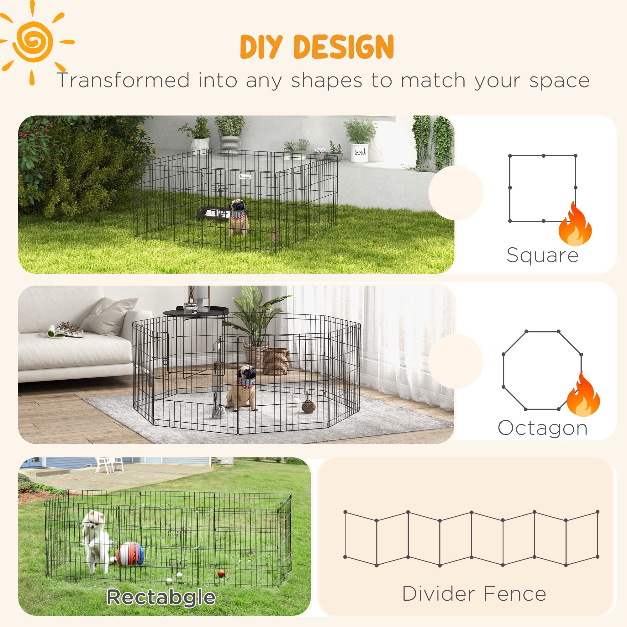 PawHut Dog Playpen, Puppy Pen, Eight-Panel Metal Fence, for Small Dogs, Indoors, Outdoors - Black - North Peak Garden Furniture