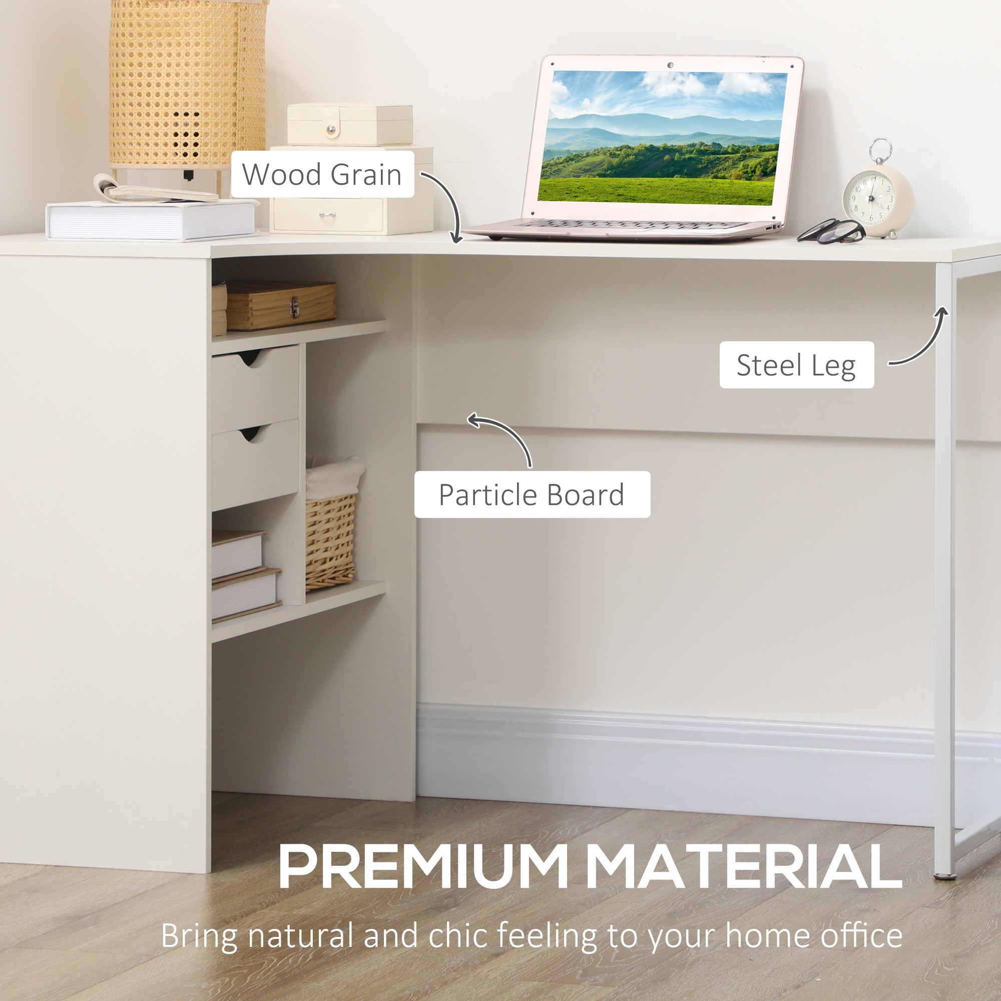HOMCOM L Shaped Desk, 120cm Computer Desk, Corner Desk with 2 Drawers and 3 Storage Compartments for Home Office, Study Workstation, White - North Peak Garden Furniture