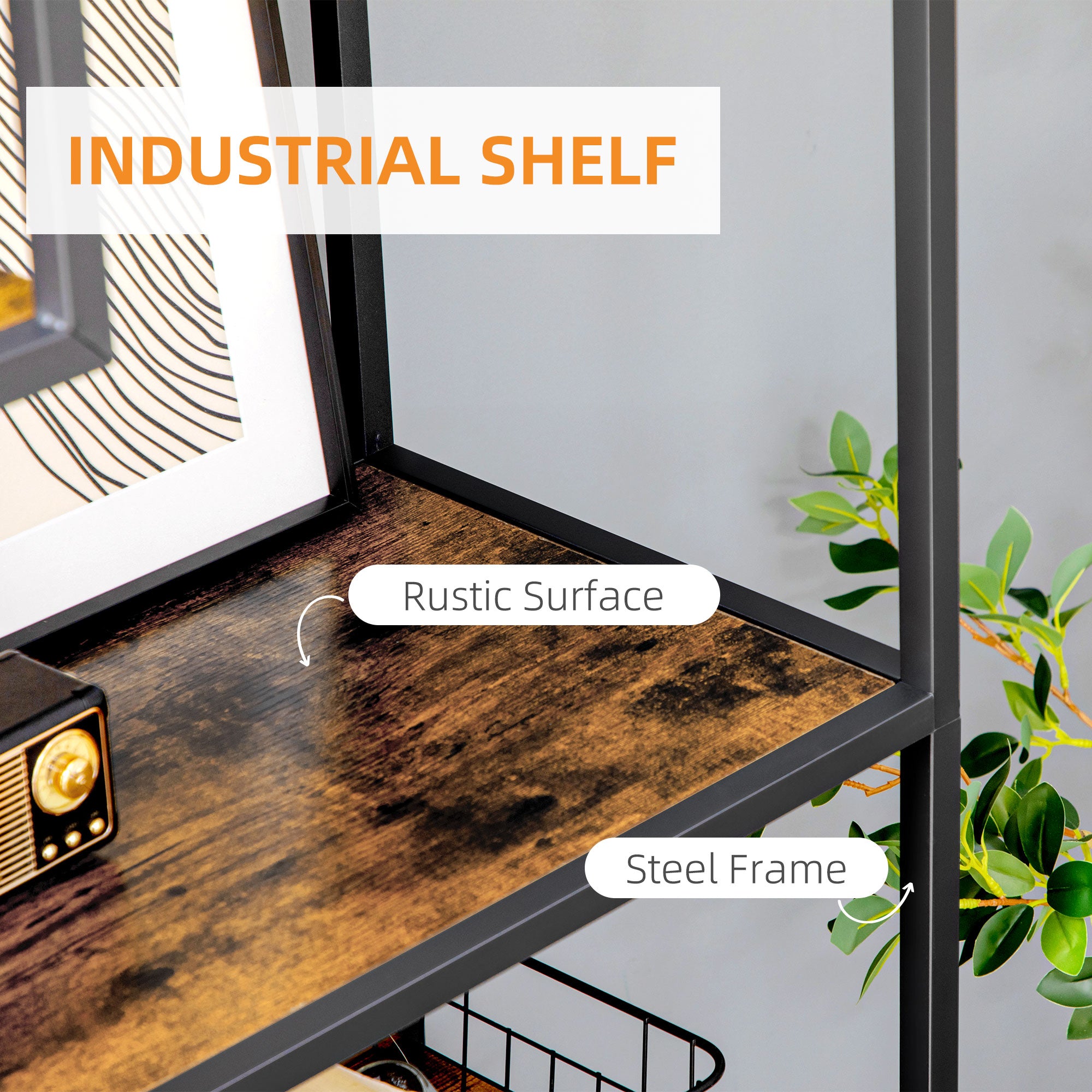HOMCOM Industrial Bookcase Shelf, 7 Tier Metal Shelving, Storage Shelves for Living Room, Home Office, Bedroom, Rustic Brown - North Peak Garden Furniture