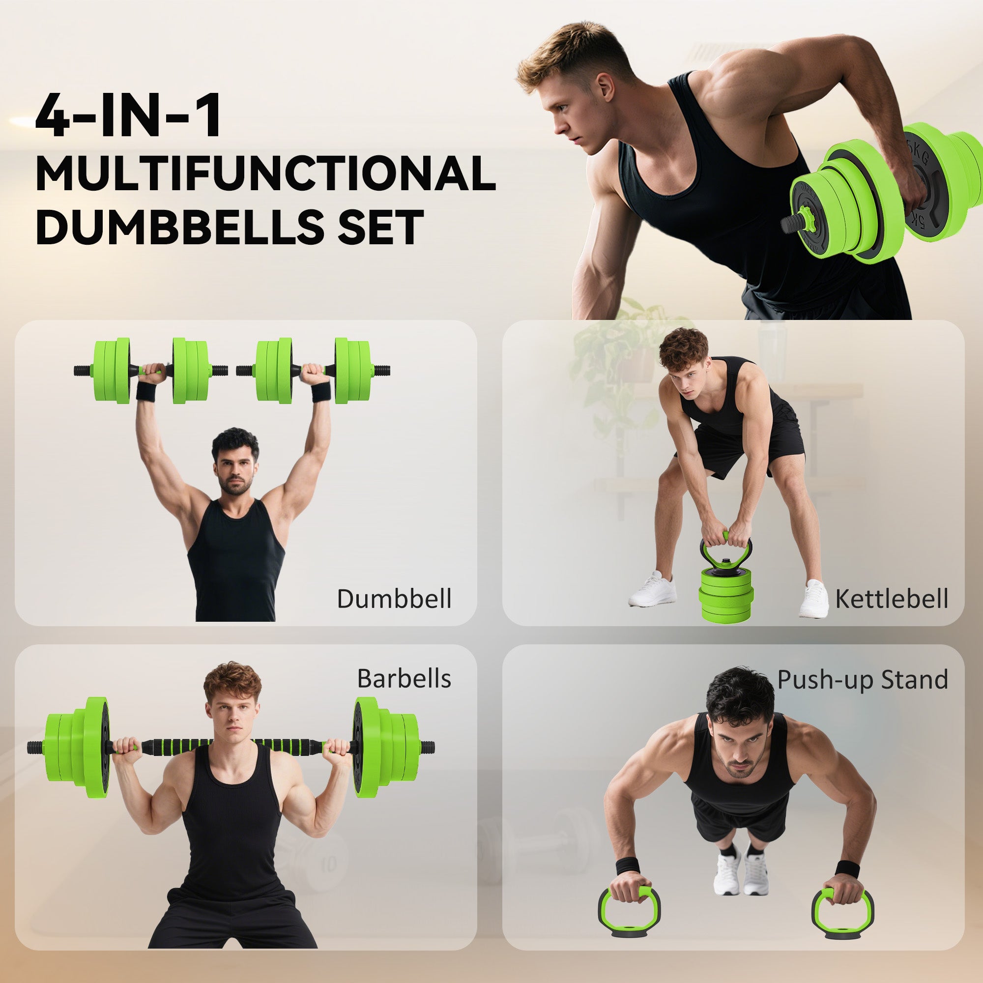 SPORTNOW 40kg Four-In-One Adjustable Weight Dumbbells Set, Barbell, Kettlebell, Push Up Stand - Green