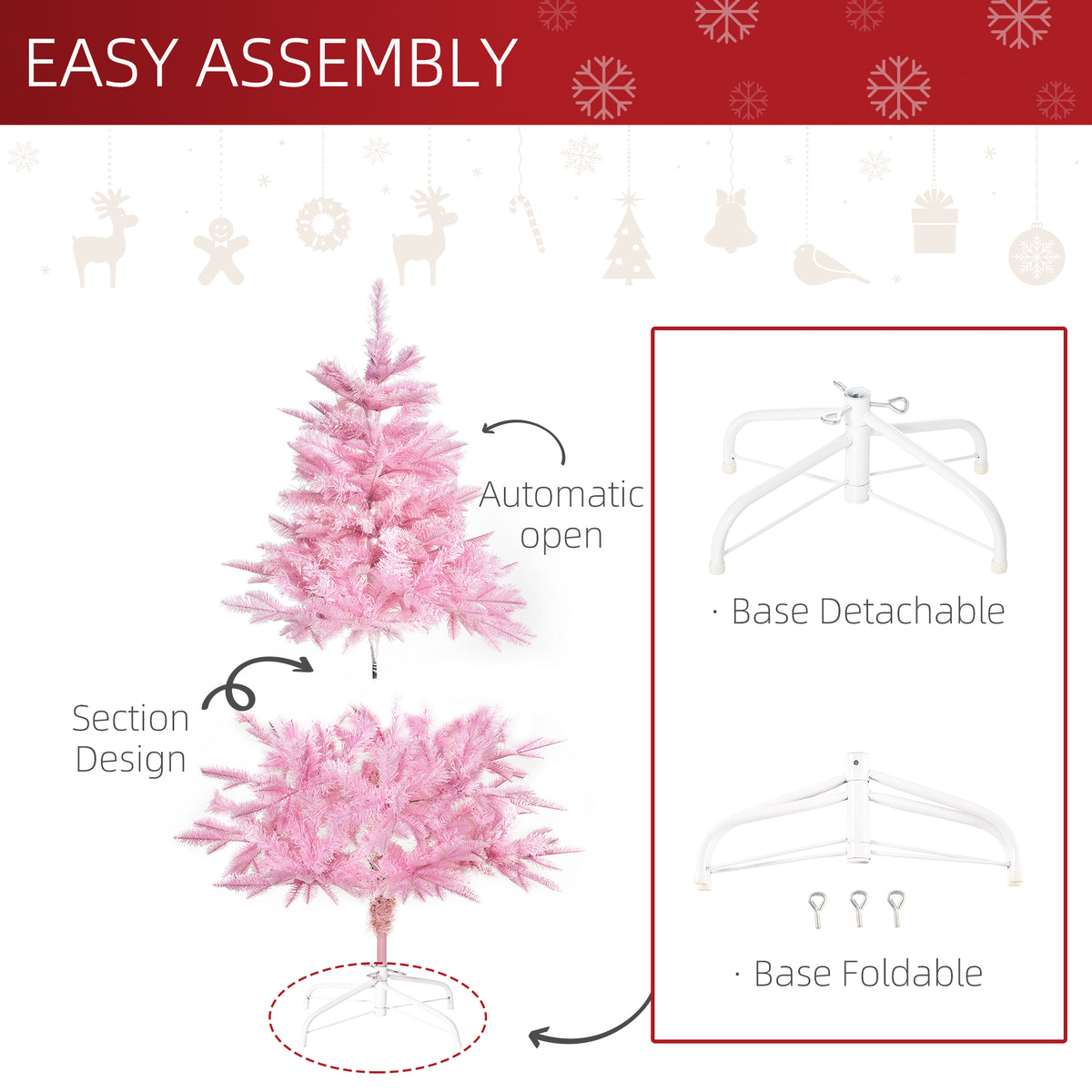 HOMCOM 4FT Artificial Christmas Tree Holiday Xmas Holiday Tree Decoration with Automatic Open for Home Party, Pink