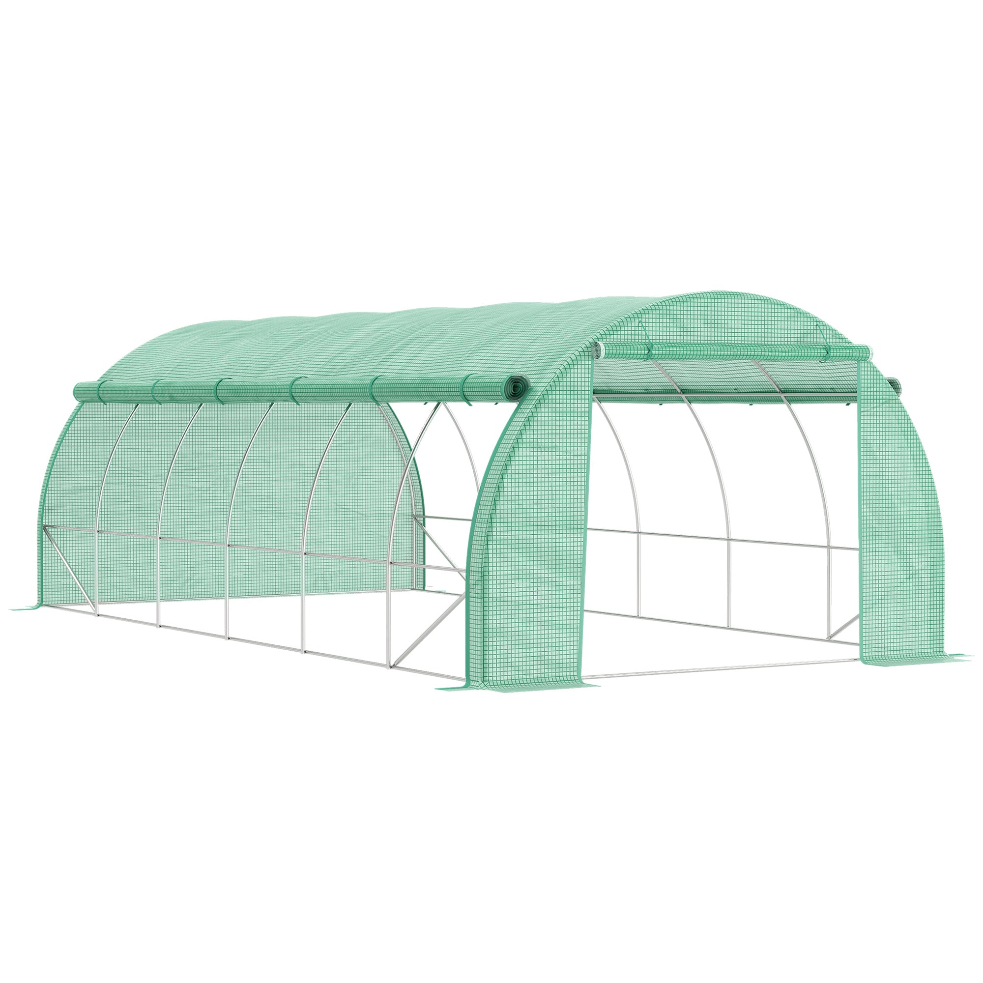 Outsunny Polytunnel Greenhouse Walk-in Grow House Tent with Roll-up Sidewalls, Zipped Door and 12 Windows, 6x3x2m Green - North Peak Garden Furniture