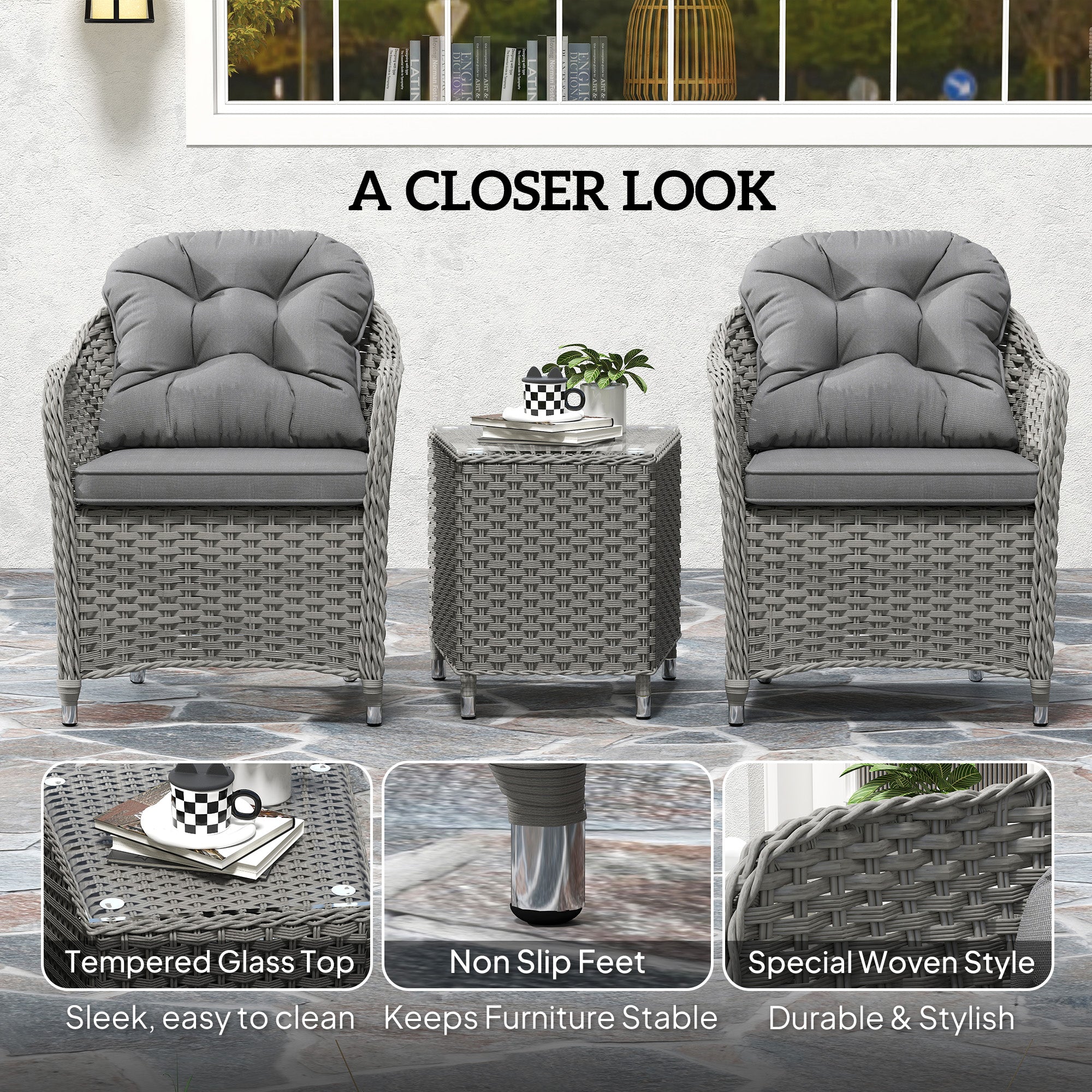 Outsunny 3 Pieces Rattan Bistro Set, Wicker Garden Bistro Set, Glass Top Balcony Table and Chairs with Cushions for Outdoor, Patio, Balcony, Light Grey - North Peak Garden Furniture