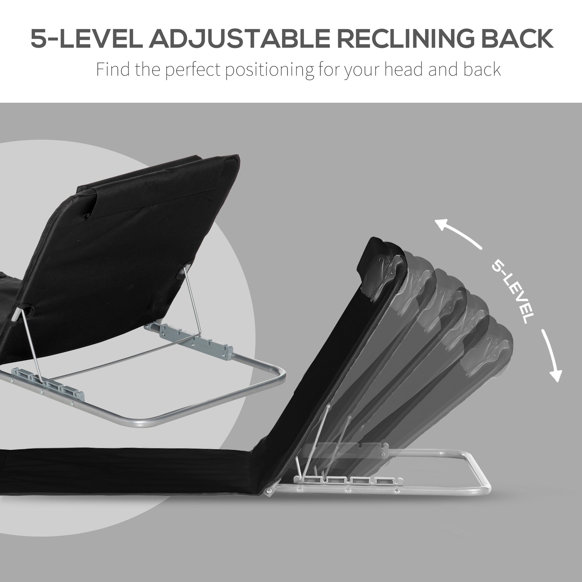 Outsunny Set of 2 Foldable Garden Beach Chair Mat Lightweight Outdoor Sun Lounger Seats Adjustable Back Metal Frame PE Fabric Head Pillow w/ Carry Bag, Black - North Peak Garden Furniture