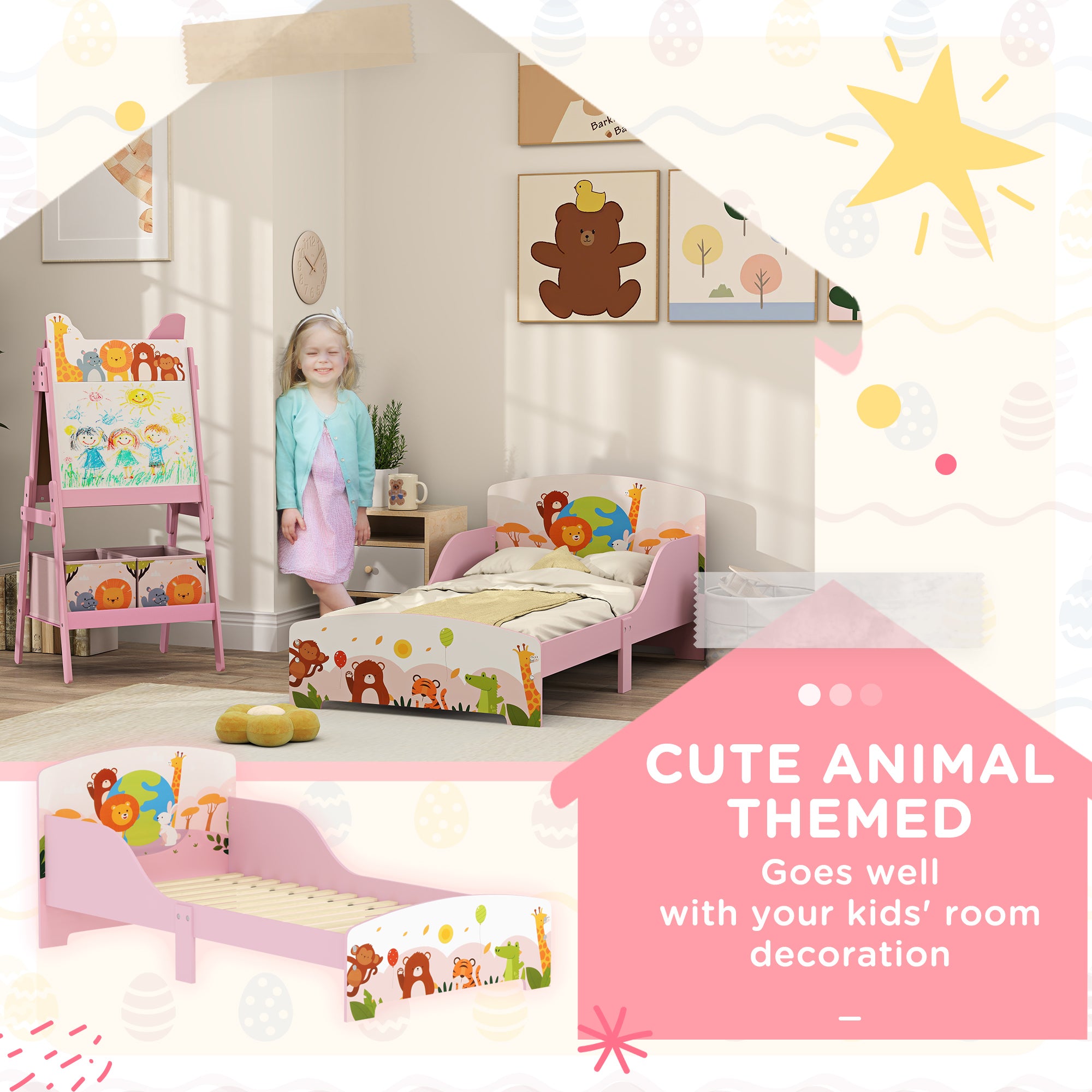 AIYAPLAY Cute Animal-Themed Toddler Bed w/ Safety Rails, 143 x 77 x 60cm