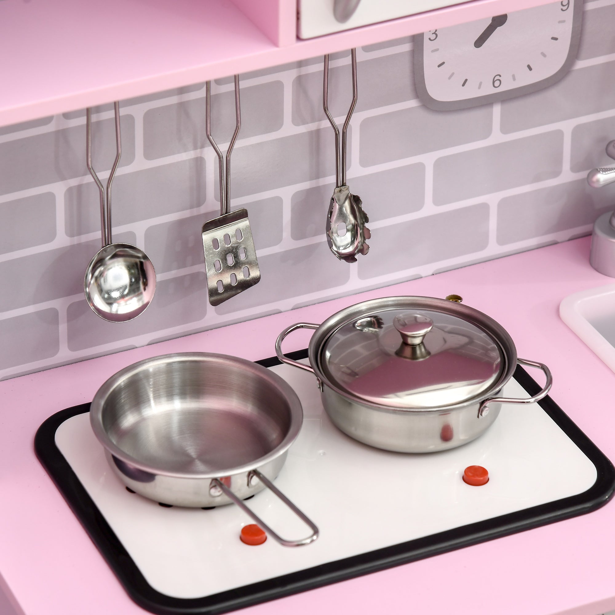 HOMCOM Kids Kitchen Playset, with Lights, Sounds, Microwave, Sink and Storage - Pink - North Peak Garden Furniture
