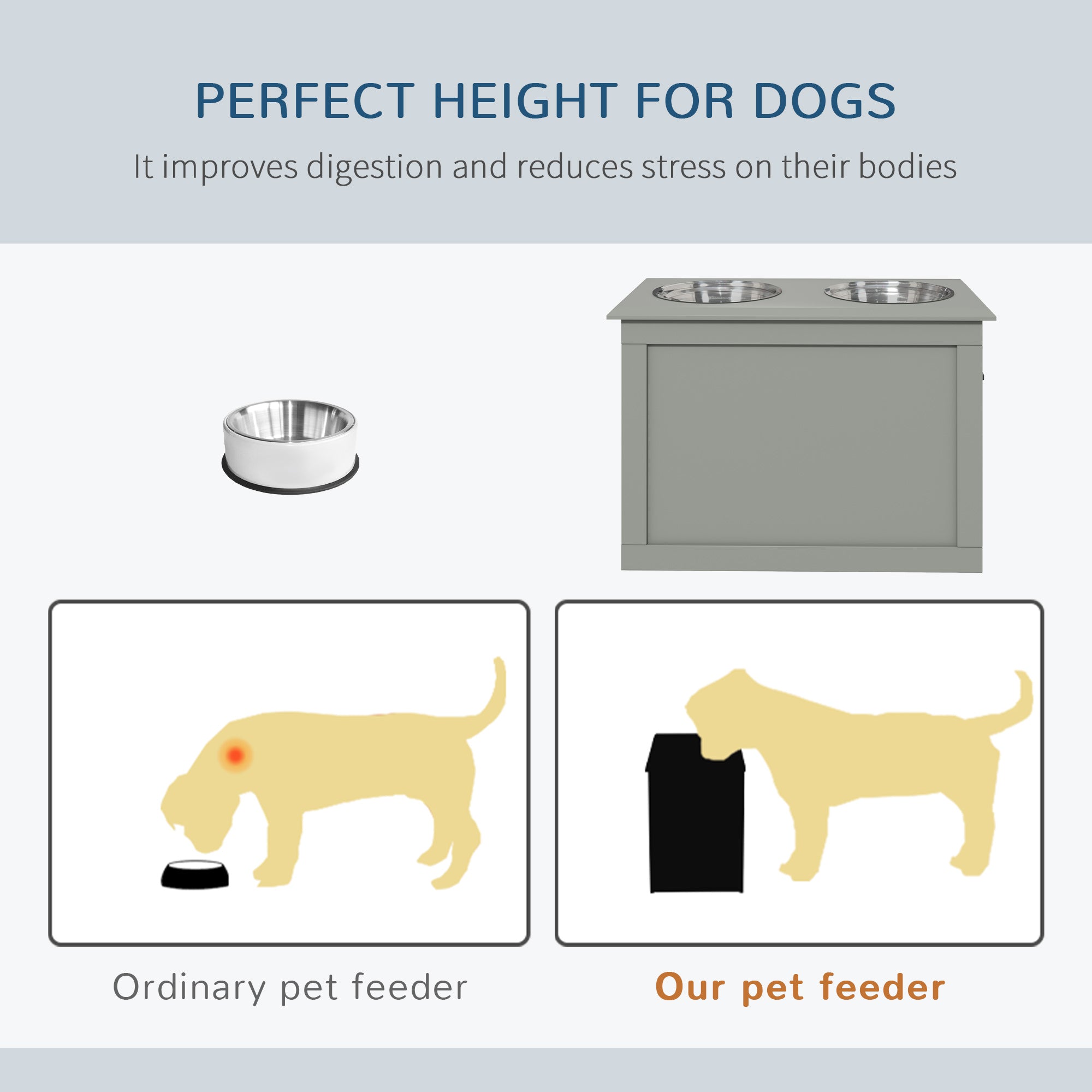 PawHut Raised Dog Bowls, with Storage, Two Stainless Steel Bowls, Elevated Base - Grey - North Peak Garden Furniture