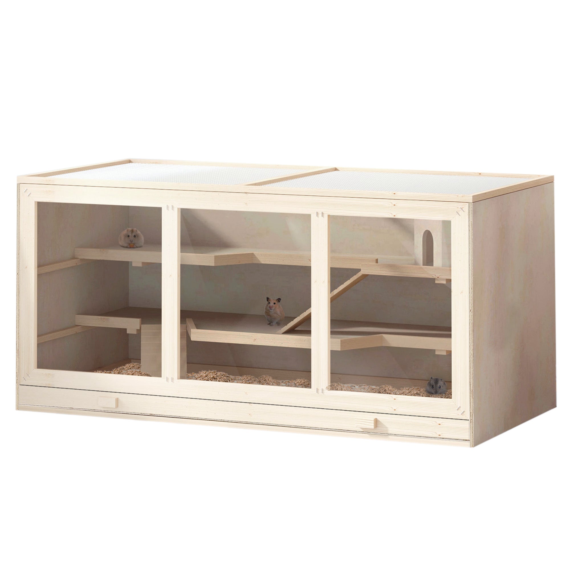 PawHut Wooden Hamster Cage, Small Animals Hutch with Tray, Openable Top, Exercise Play House Pen, 115L x 57W x 55Hcm, Natural - North Peak Garden Furniture