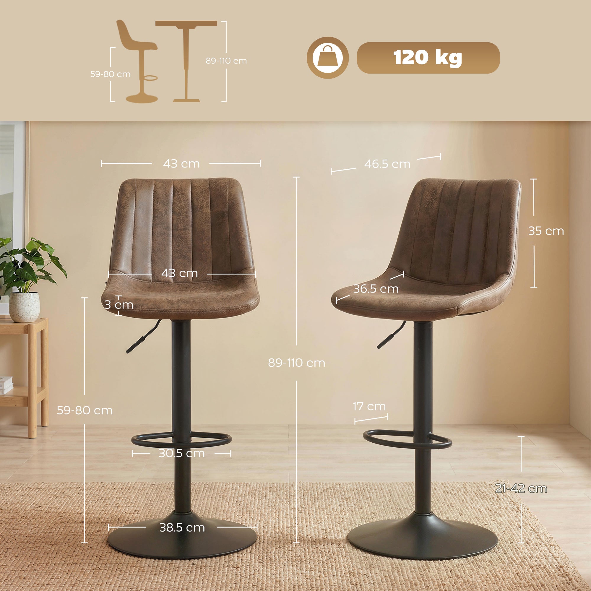 HOMCOM Adjustable Bar Stools Set of 2 Counter Height Barstools Dining Chairs 360° Swivel with Footrest for Home Pub, Brown