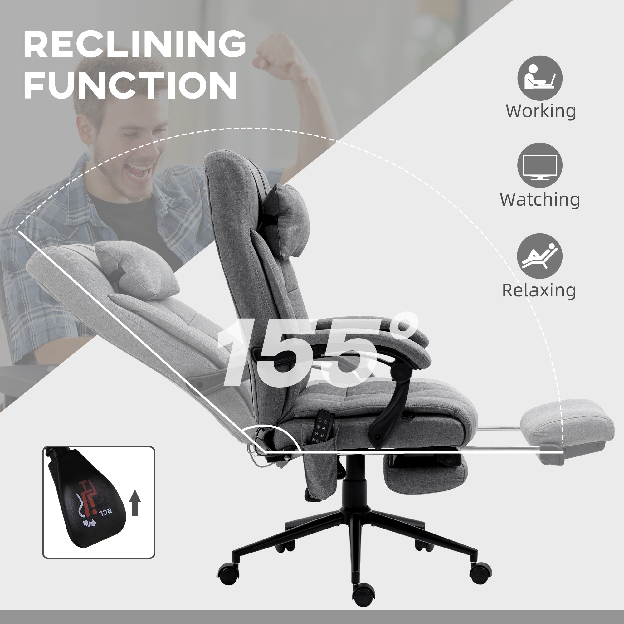 Vinsetto Office Chair, 6 Point Massage Desk Chair, Computer Chair with Footrest & Head Pillow, 360° Swivel Recliner Chair for Home Office, Grey - North Peak Garden Furniture