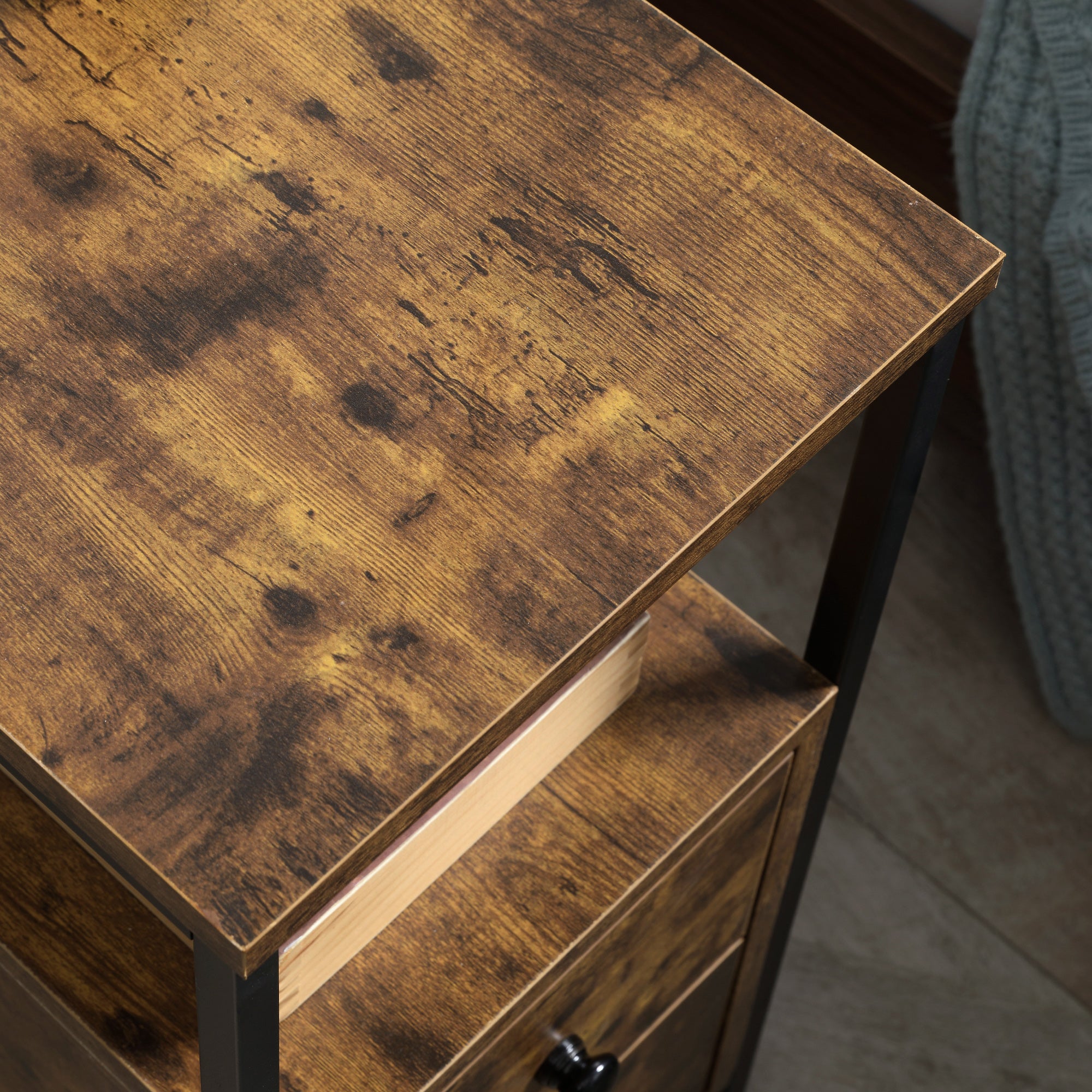 HOMCOM Set of 2 Side Table, Narrow Bedside Table with 2 Drawers and Storage Shelf, Industrial End Table with Metal Frame for Small Spaces, Rustic Brown - North Peak Garden Furniture