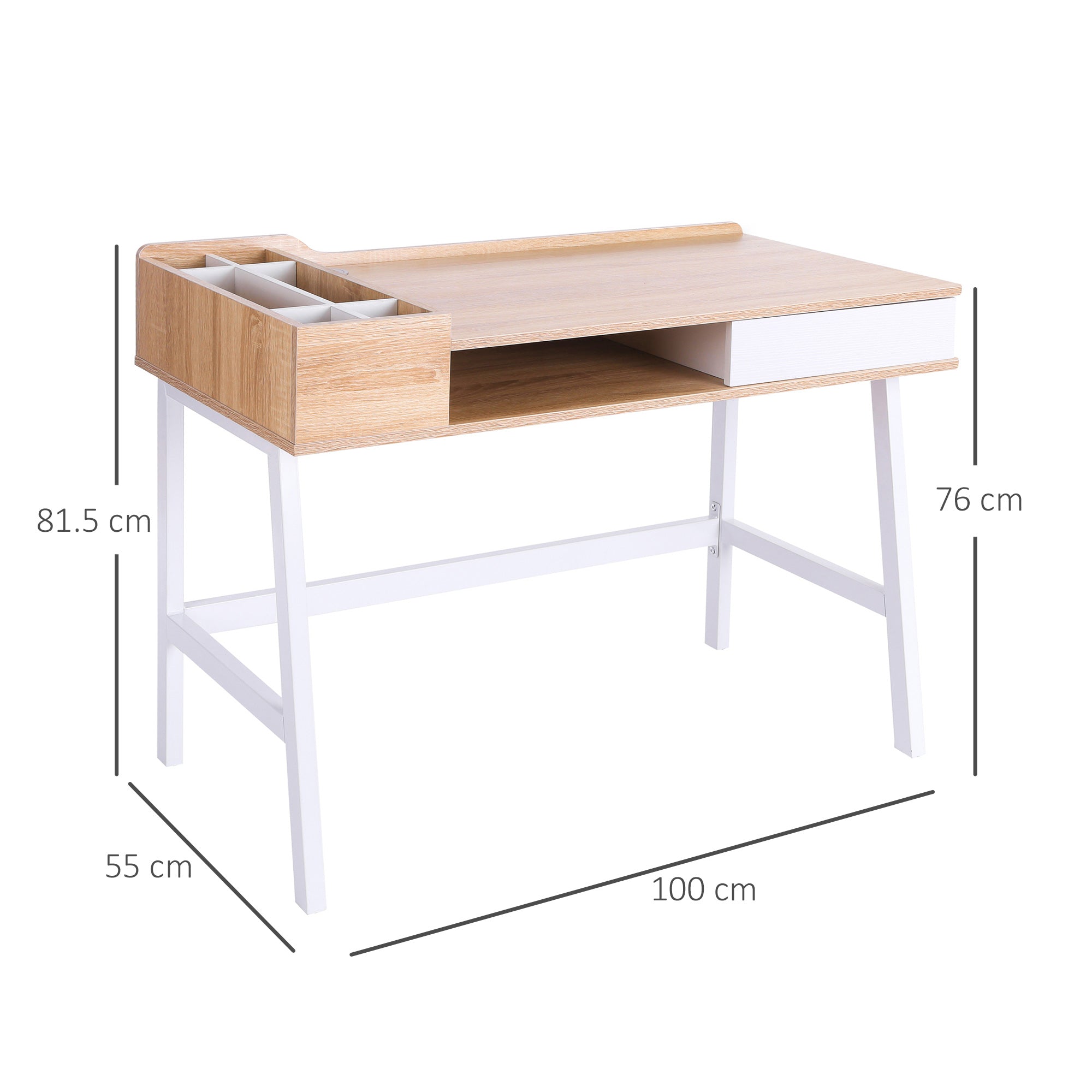 HOMCOM Computer Desk, Writing Desk, Study Workstation with Drawer, Storage Compartments, Cable Management, Laptop Table, Metal Frame, 100 x 55 x 81.5cm, Oak and White - North Peak Garden Furniture