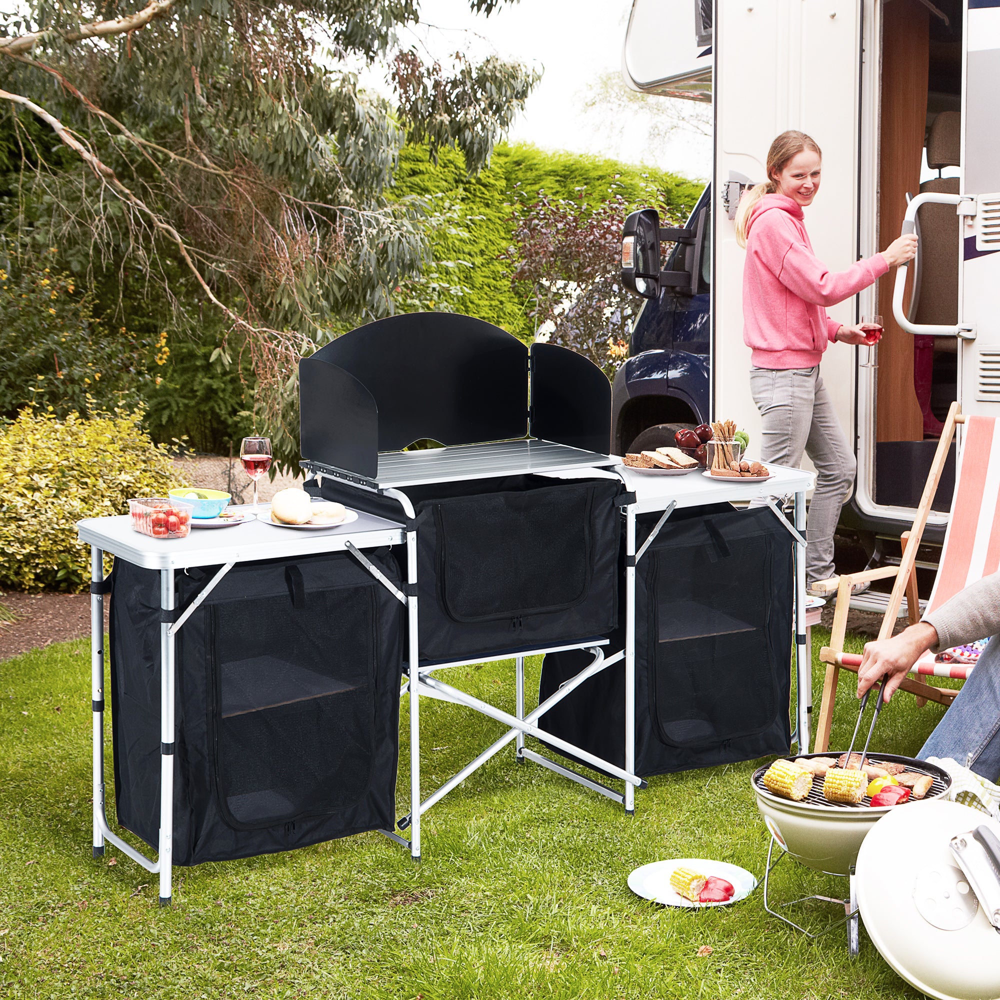 Outsunny Portable Folding Camping Kitchen Table with Windscreen, Storage Cupboards, Aluminium Frame for BBQs, Parties, Picnics | Aosom UK