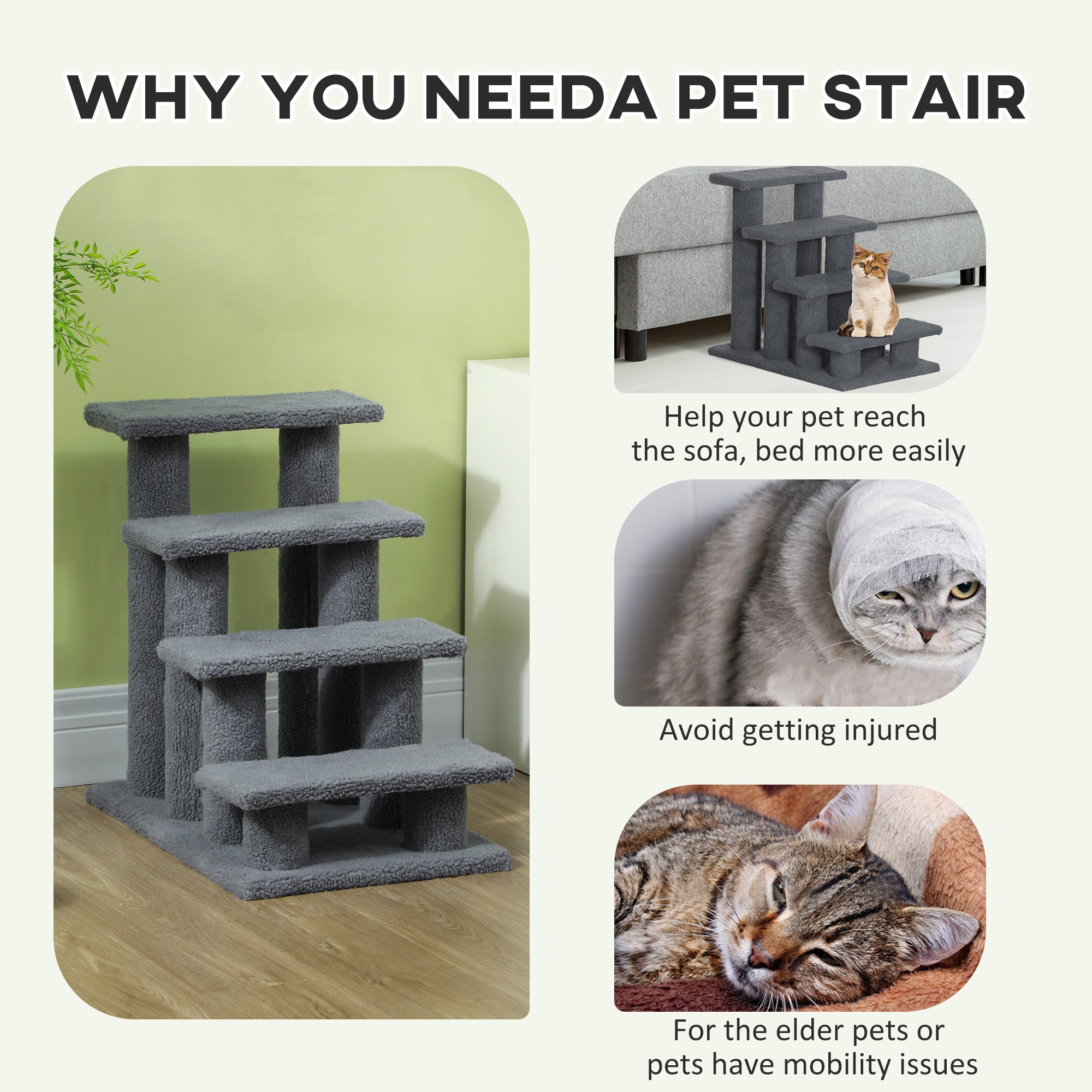 PawHut Dog Steps for Bed 4 Step Pet Stairs for Sofa Dog Cat Climb Ladder 63x43x60 cm Grey - North Peak Garden Furniture