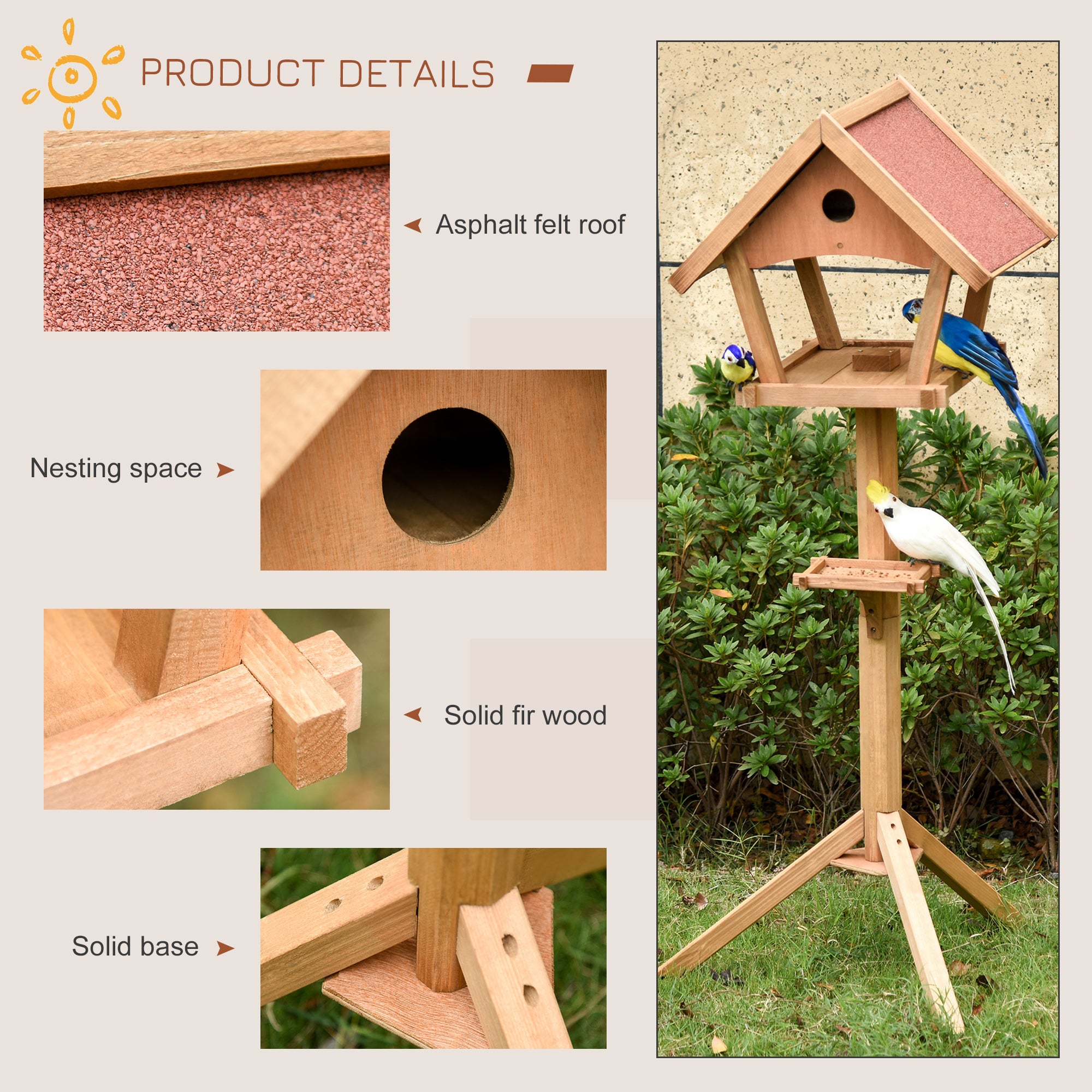 PawHut Wooden Bird Table Freestanding Feeding Station for Garden Outside ,139H cm, Natural - North Peak Garden Furniture