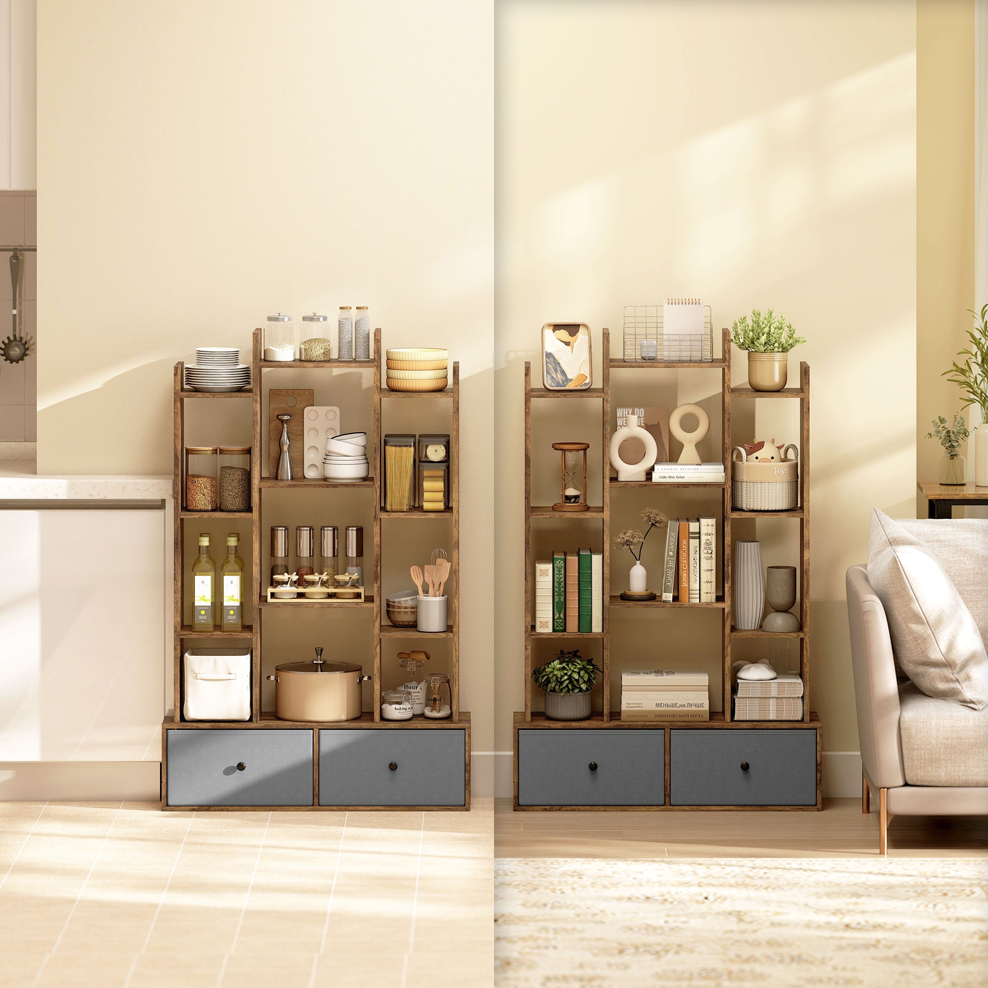 HOMCOM 12 Shelf Storage Unit, with Drawers - Brown