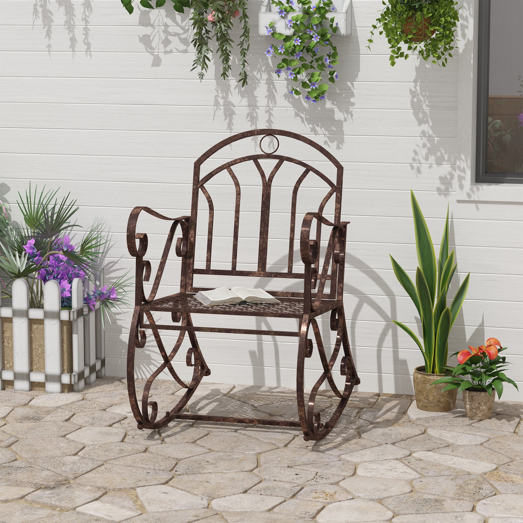 Outsunny Metal Single Chair 1 Seater Garden Outdoor Rocking Chair Vintage Style Bronze