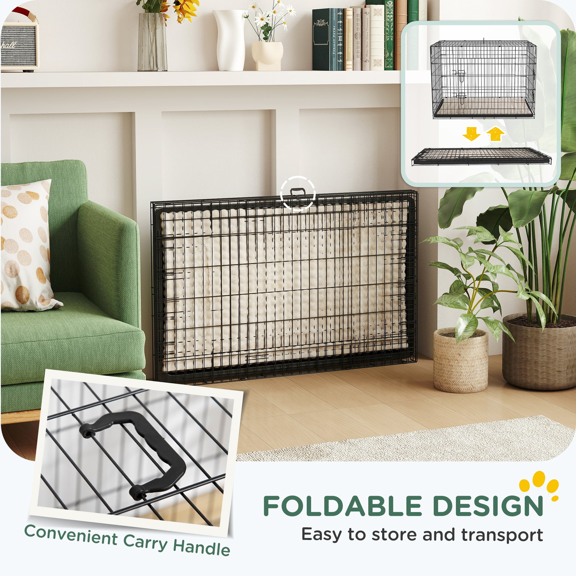PawHut Dog Crate with 2 Doors with Tray, Soft Cushion, Foldable Metal Dog Cage for Extra and Large Dogs, 105 x 70 x 75, Black - North Peak Garden Furniture