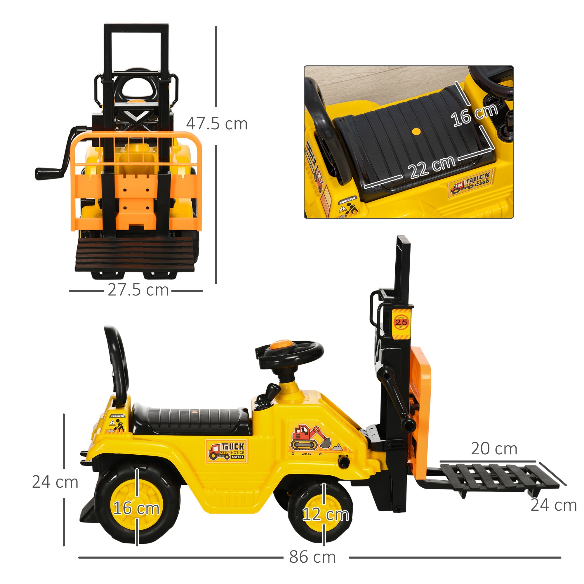 HOMCOM Kids Ride-On Construction Car, with Fork, Tray, Sounds - Yellow - North Peak Garden Furniture