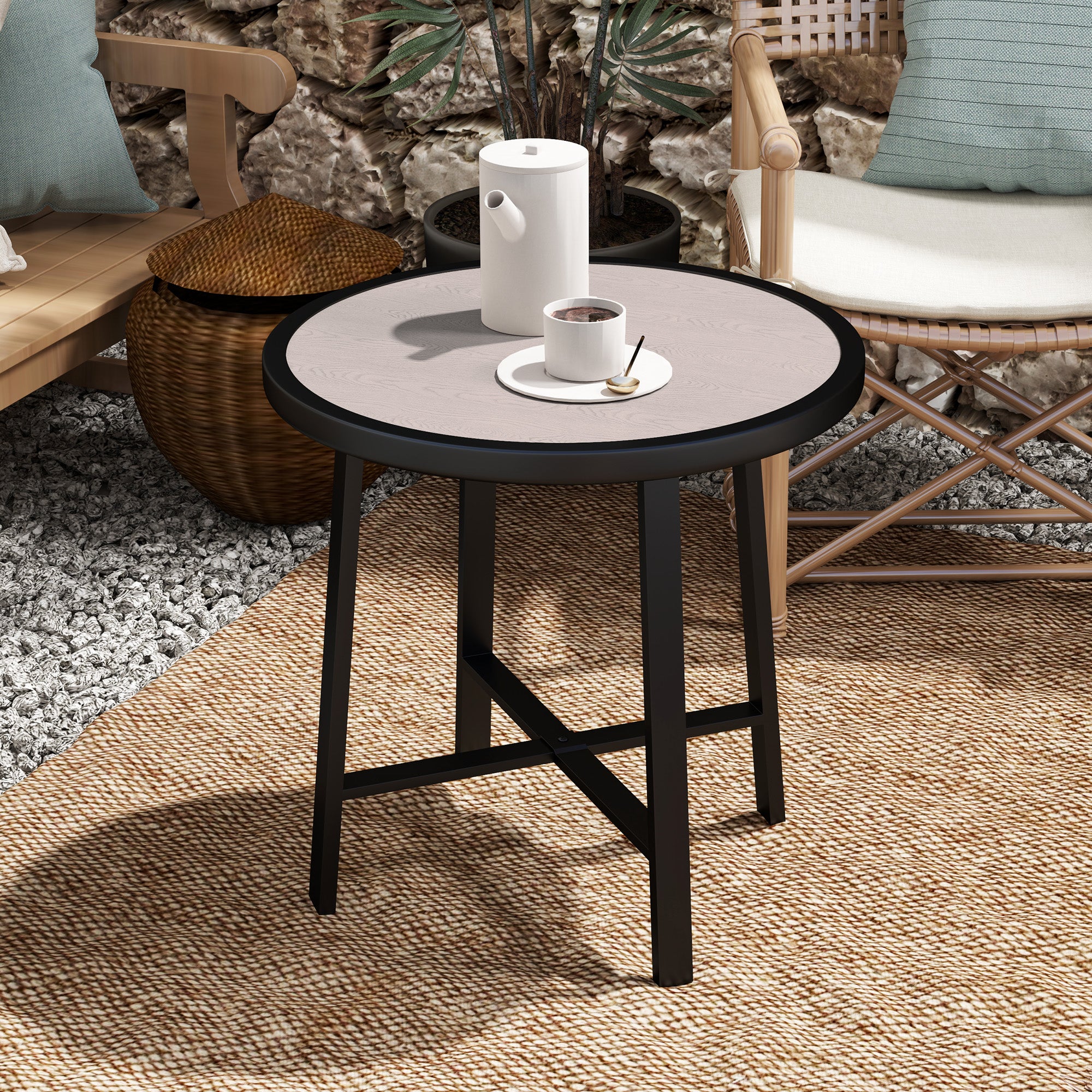 Outsunny Round Small Garden Table, 50.5cm Outdoor Side Table with SPC Tabletop, Metal Frame and Anti-slip Foot Pads for Garden, Balcony, Grey Wood Effect - North Peak Garden Furniture
