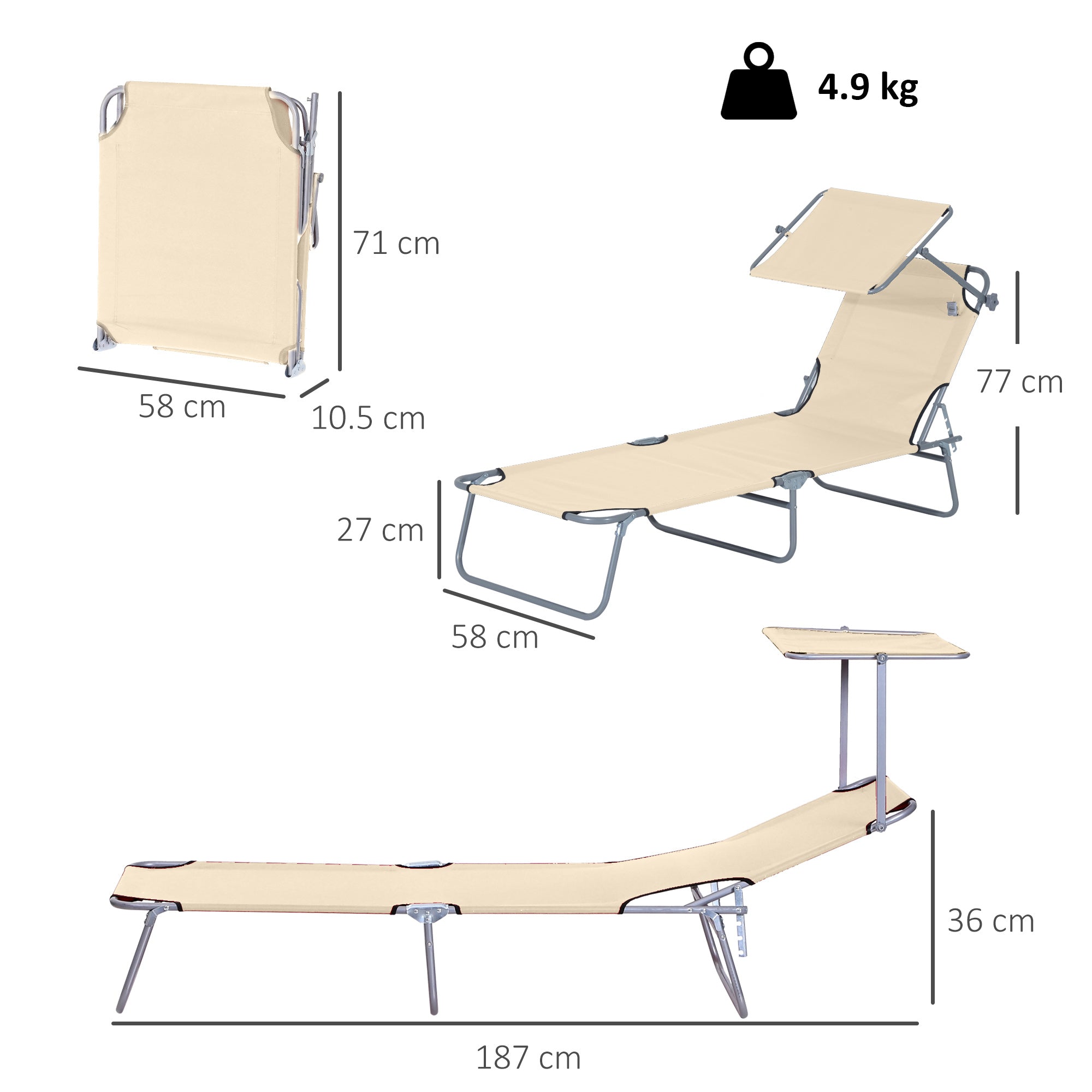 Outsunny Outdoor Foldable Sun Lounger, 4 Level Adjustable Backrest Reclining Sun Lounger Chair with Angle Adjust Sun Shade Awning for Beach, Garden, Patio, Beige - North Peak Garden Furniture