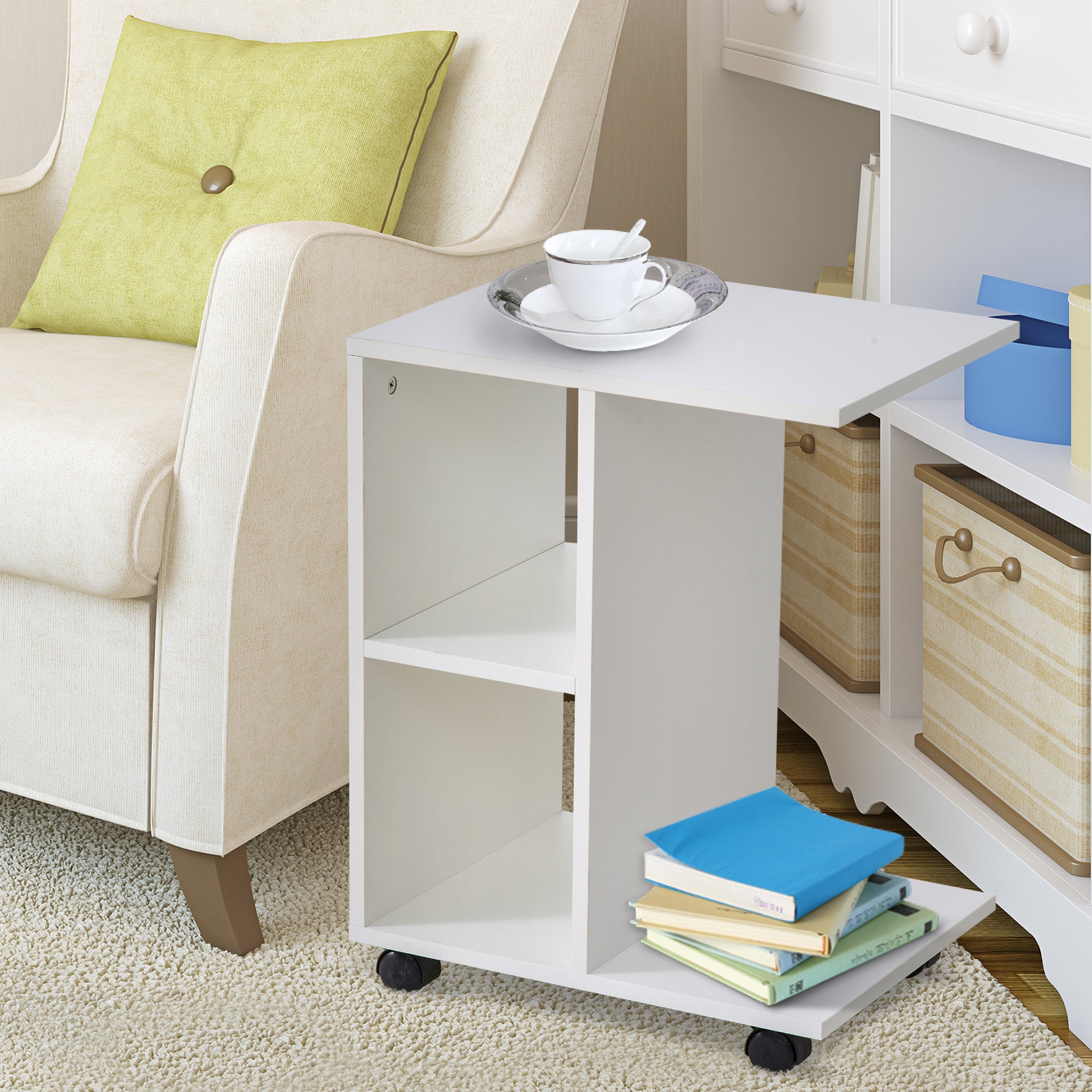 HOMCOM C-Shape End Table Unique Storage Unit w/ 2 Shelves 4 Wheels Freestanding Home Furniture Cabinet Square White