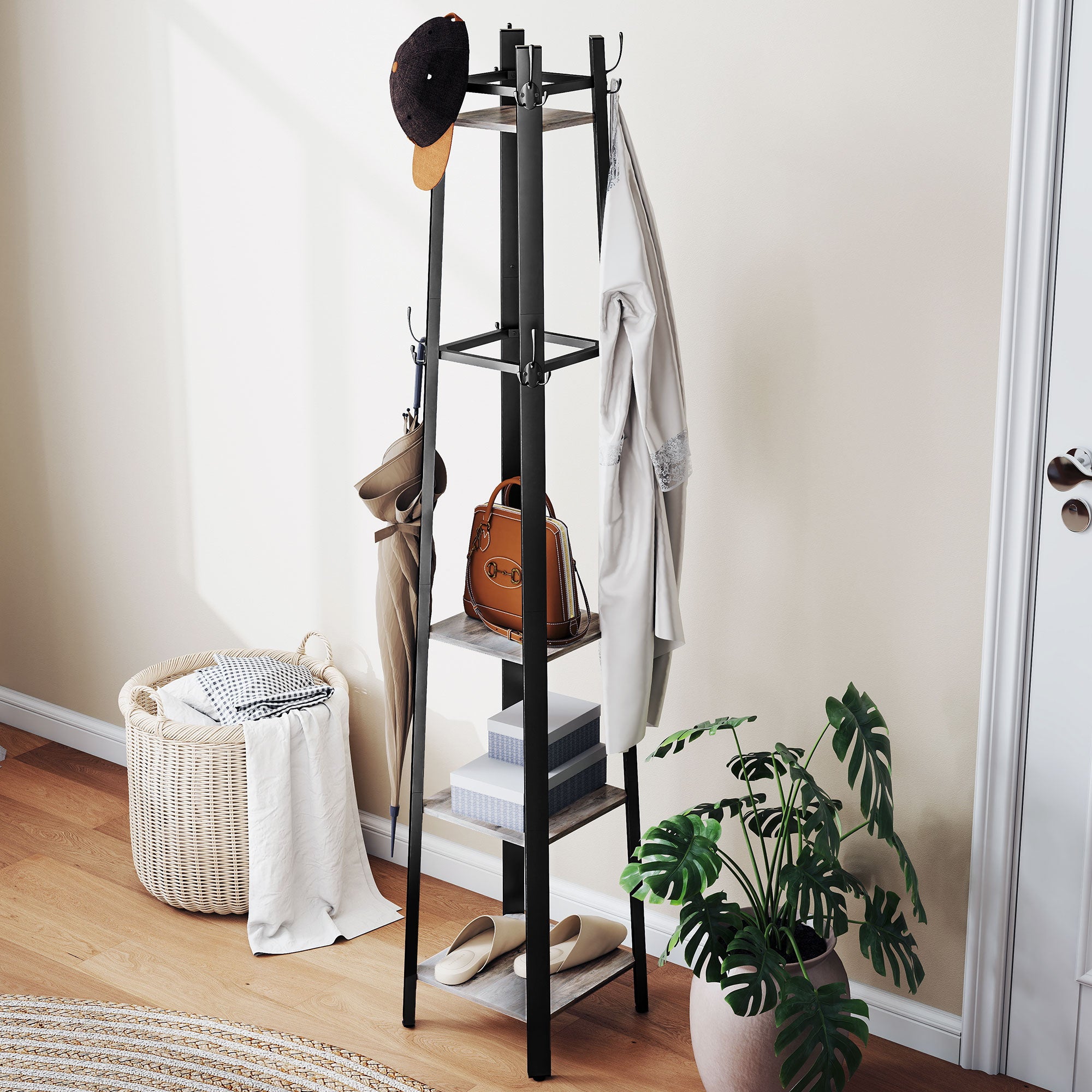 HOMCOM Industrial Coat Stand with 8 Hooks and 4 Shelves - Grey