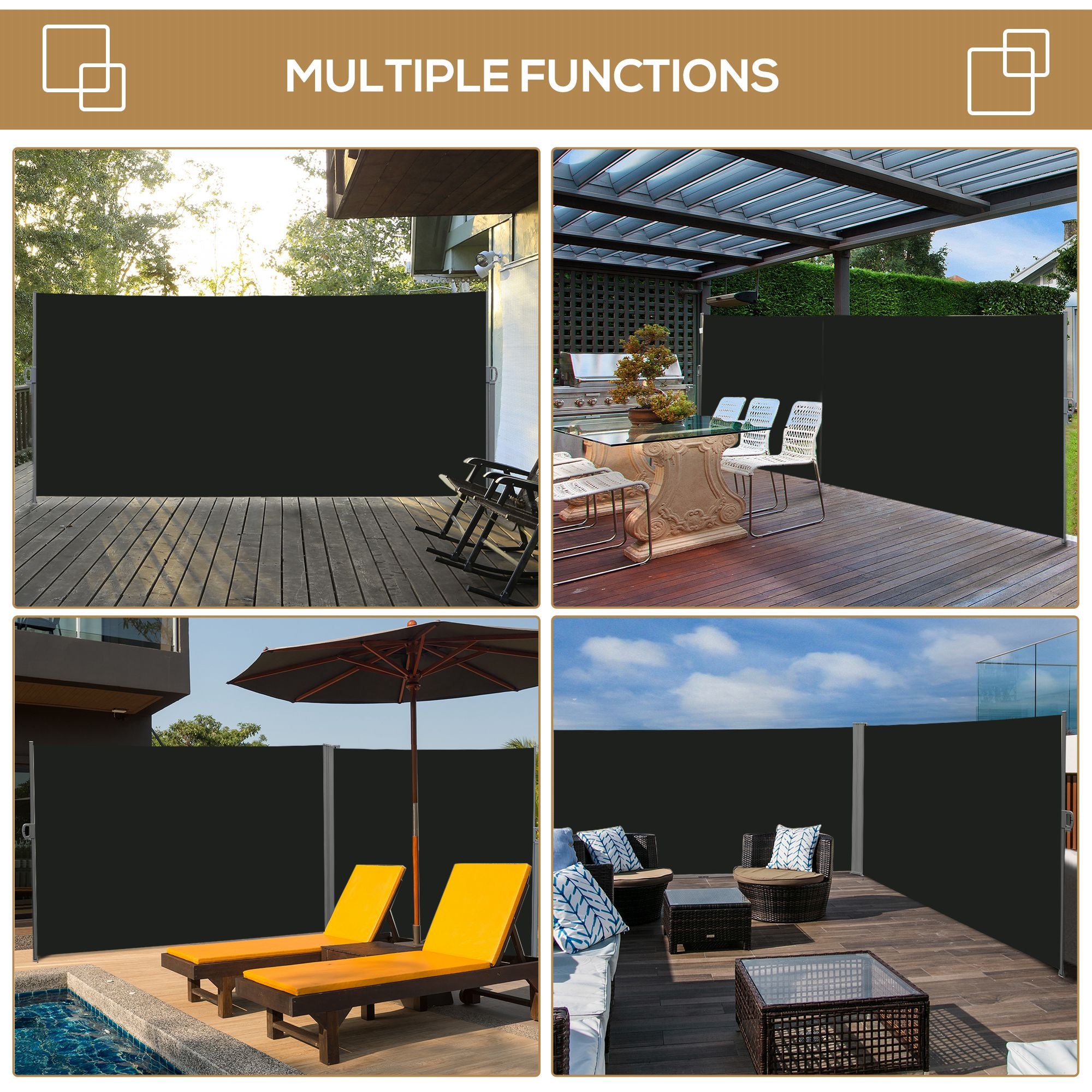 Outsunny Retractable Sun Side Awning Screen Fence Patio Garden Wall Balcony Screening Panel Outdoor Blind Privacy Divider (3x2M, Black) - North Peak Garden Furniture