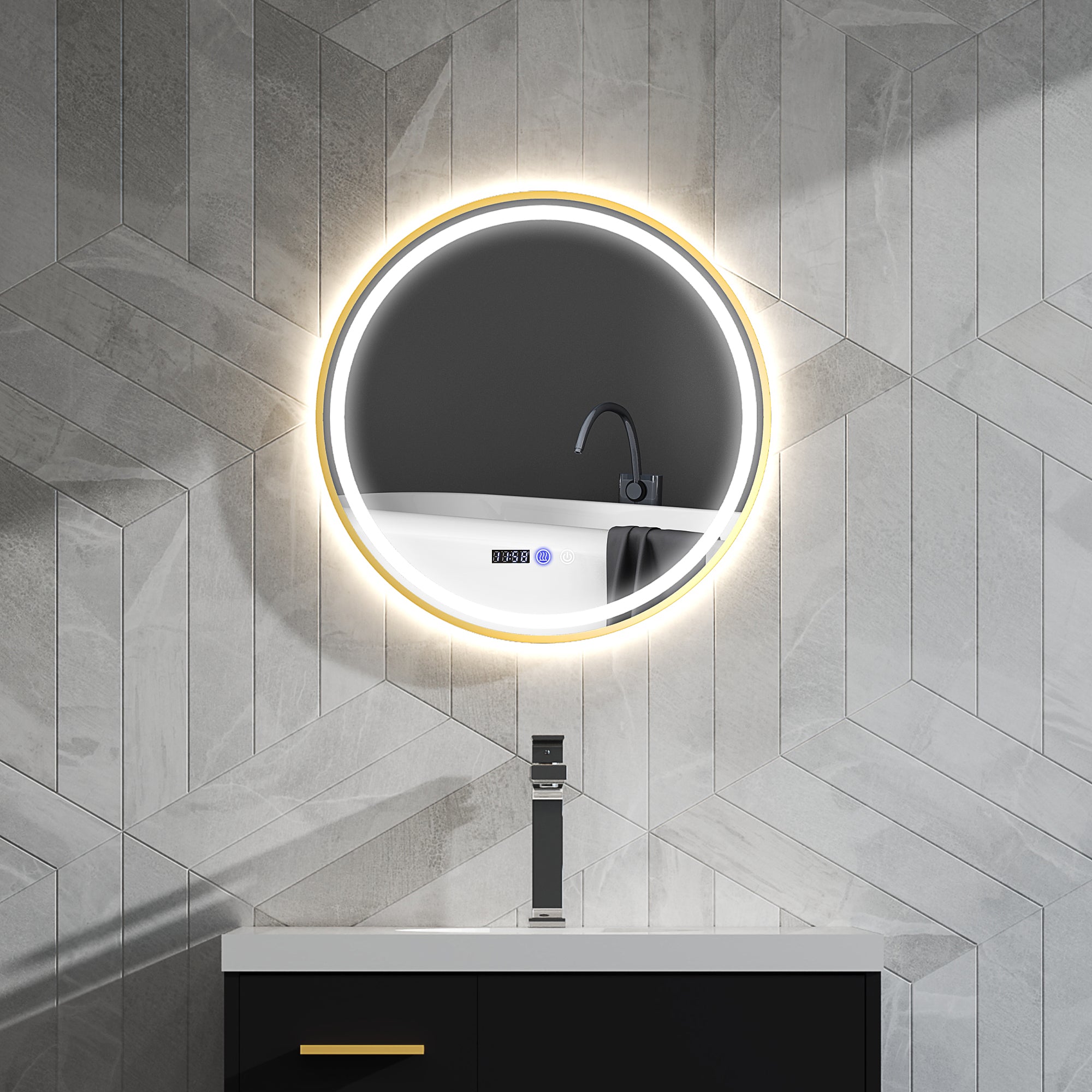 HOMCOM Round Bathroom Mirror with LED Lights, 600mm Backlit Illuminated Bathroom Mirror, Dimmable Wall Mounted Vanity Mirror with Demister Pad, Touch Switch, Time and Temp Display, Gold Tone - North Peak Garden Furniture