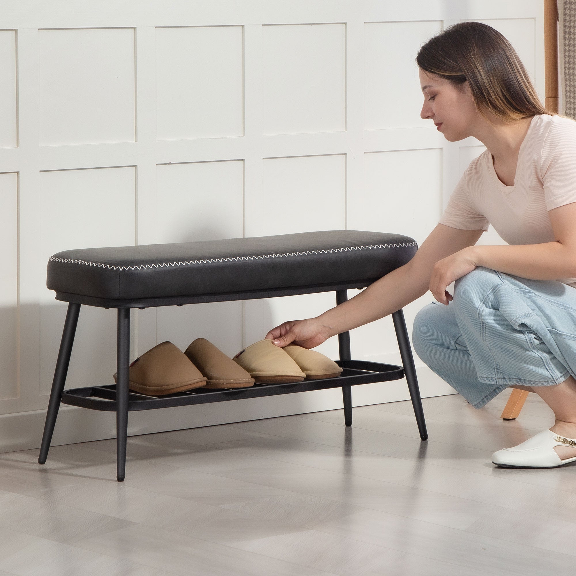 HOMCOM PU Leather Shoe Storage Bench - Charcoal Grey