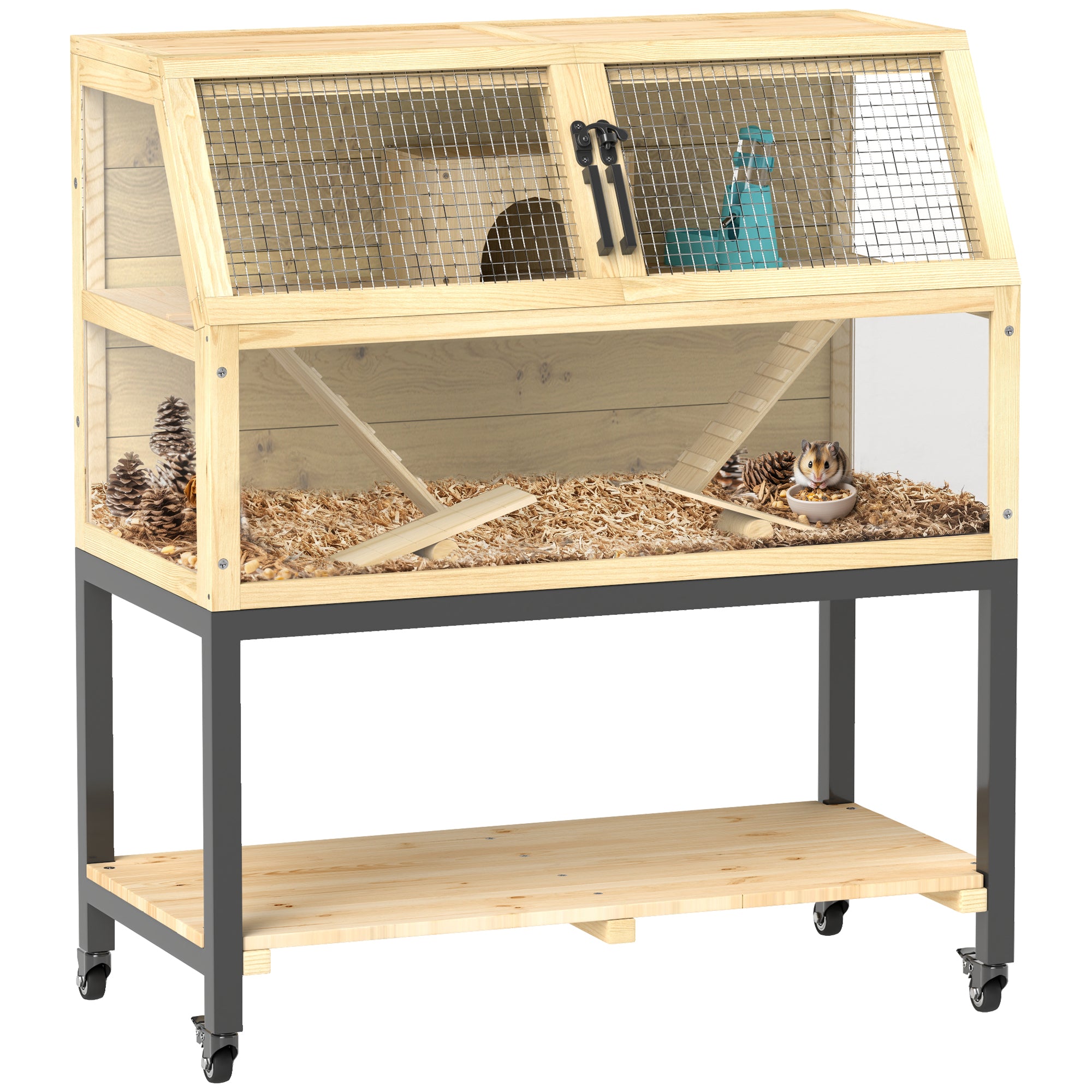 PawHut Wooden Hamster Cage with Storage Shelf, Wheels, Ramps, Water Bottle, Hut, Seesaws, 87 x 43 x 101cm - North Peak Garden Furniture