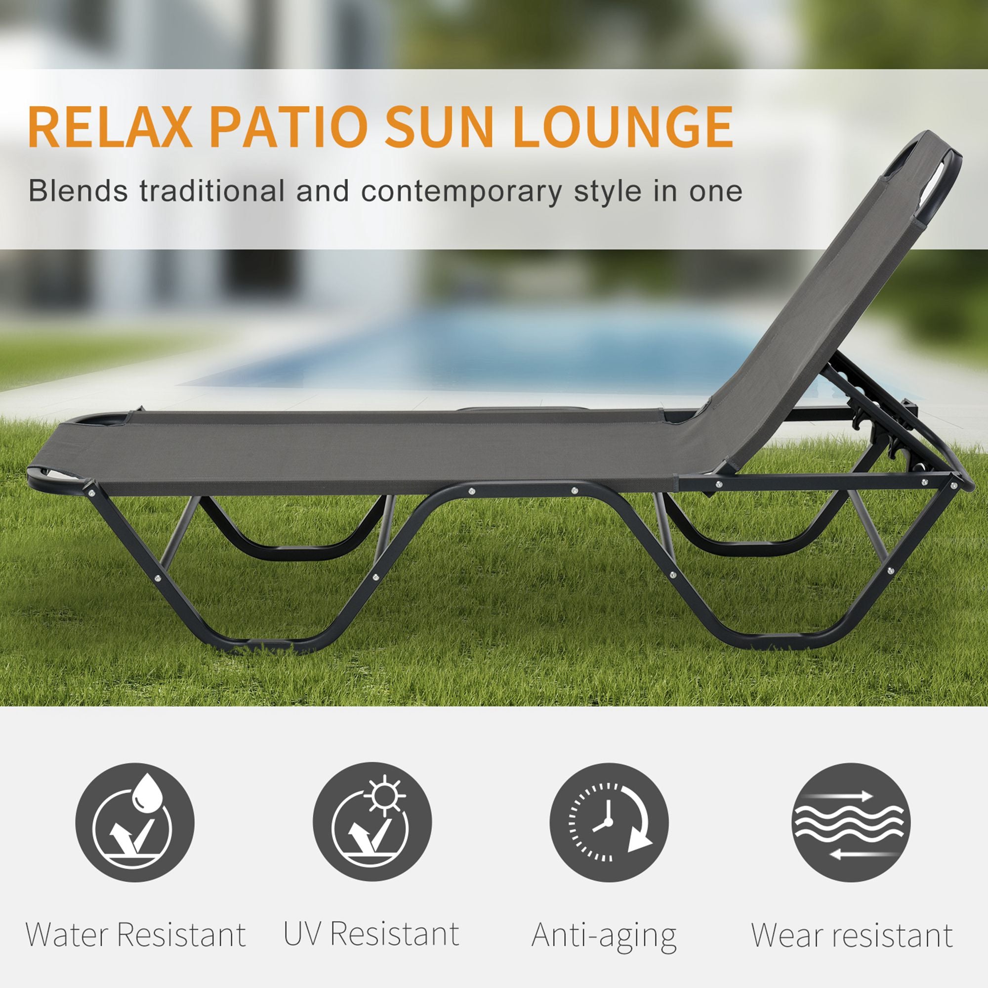 Outsunny Sun Lounger Relaxed Recliner with 5-Position Adjustable Backrest Aluminium Frame for Pool, Sun Bathing, Grey - North Peak Garden Furniture