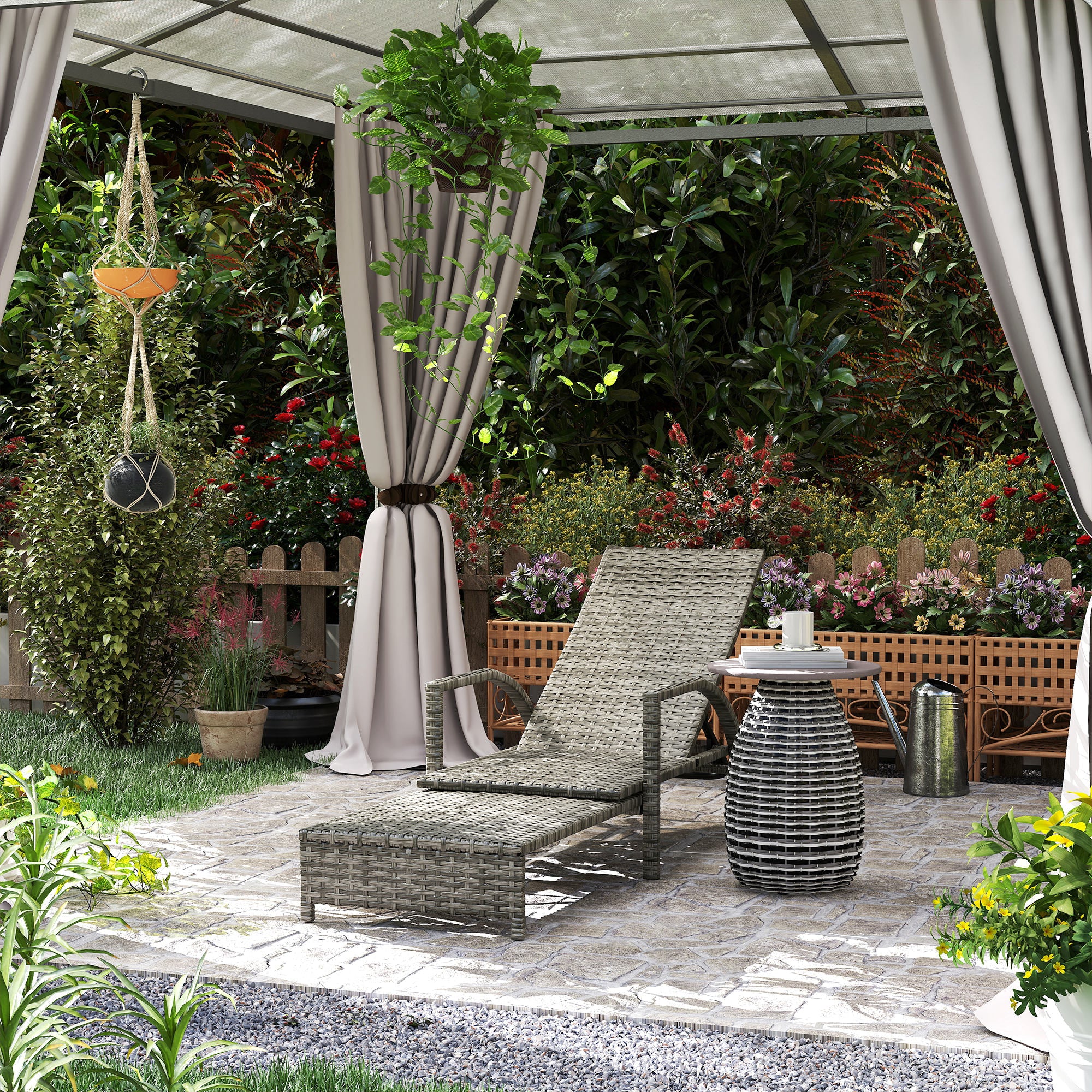Outsunny PE Rattan Sun Lounger with Adjustable Backrest - Mixed-grey - North Peak Garden Furniture