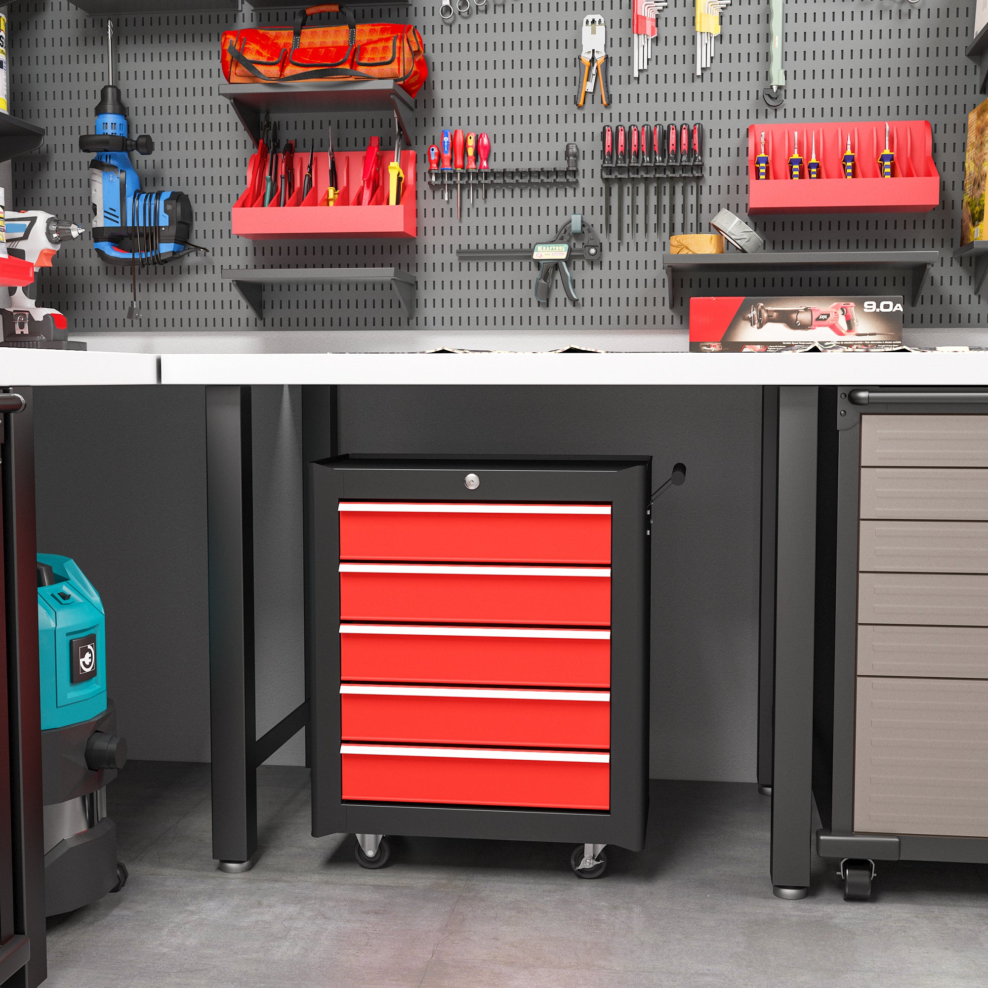 HOMCOM 5-Drawer Tool Chest with Wheels, Steel Lockable Tool Storage Cabinet with Handle, 2 Keys for Garage, Workshop, Red - North Peak Garden Furniture