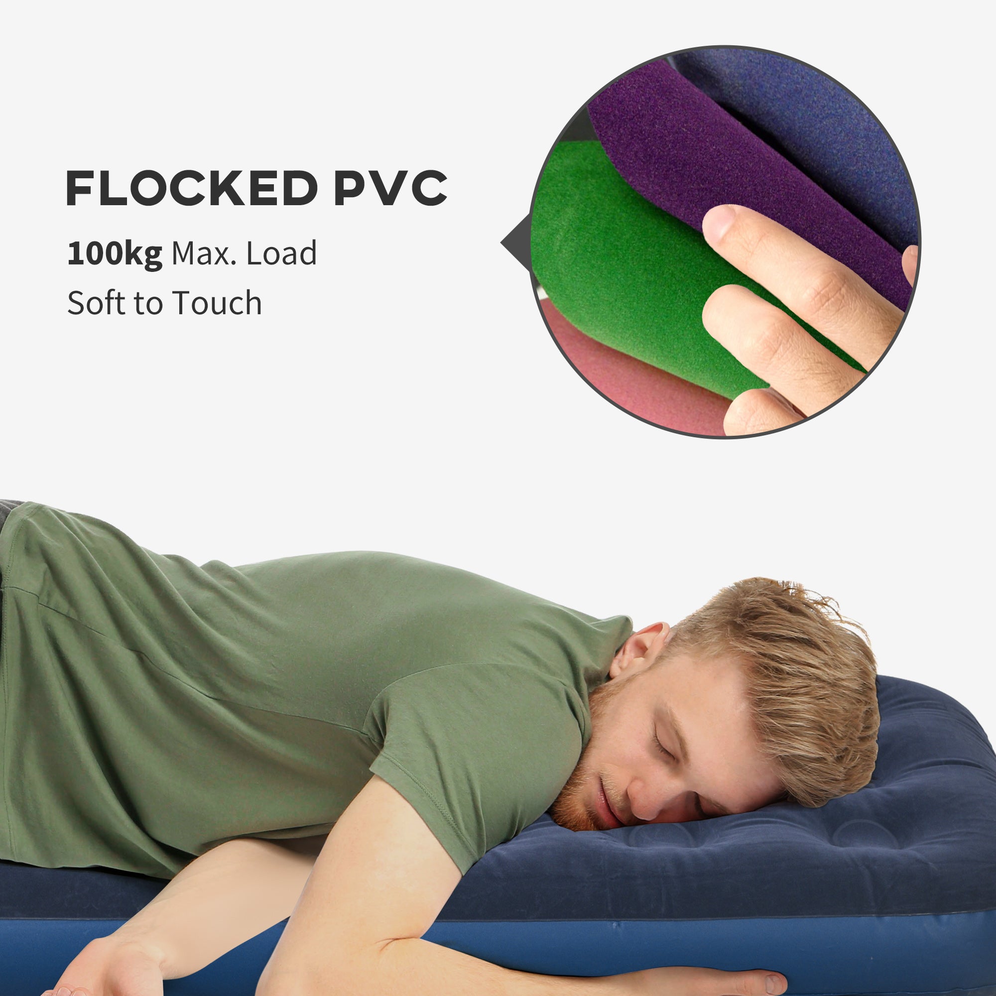 Outsunny Single Air Mattress with Hand Pump, Portable Air Bed with Flocked Surface, 191 x 73 x 22cm, Blue - North Peak Garden Furniture