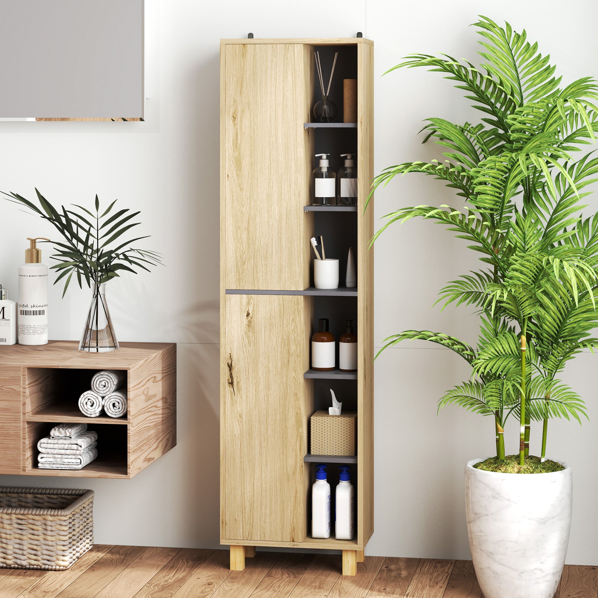 HOMCOM Multi-Storage Slim Bathroom Cabinet - Wood-Effect - North Peak Garden Furniture